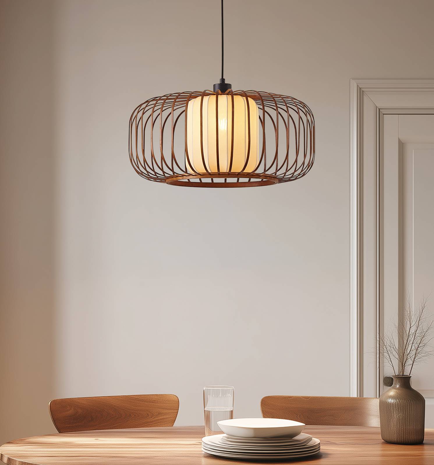 Lindby Pendelleuchte Davella, Ø 50 cm, Bambus, Textil günstig online kaufen