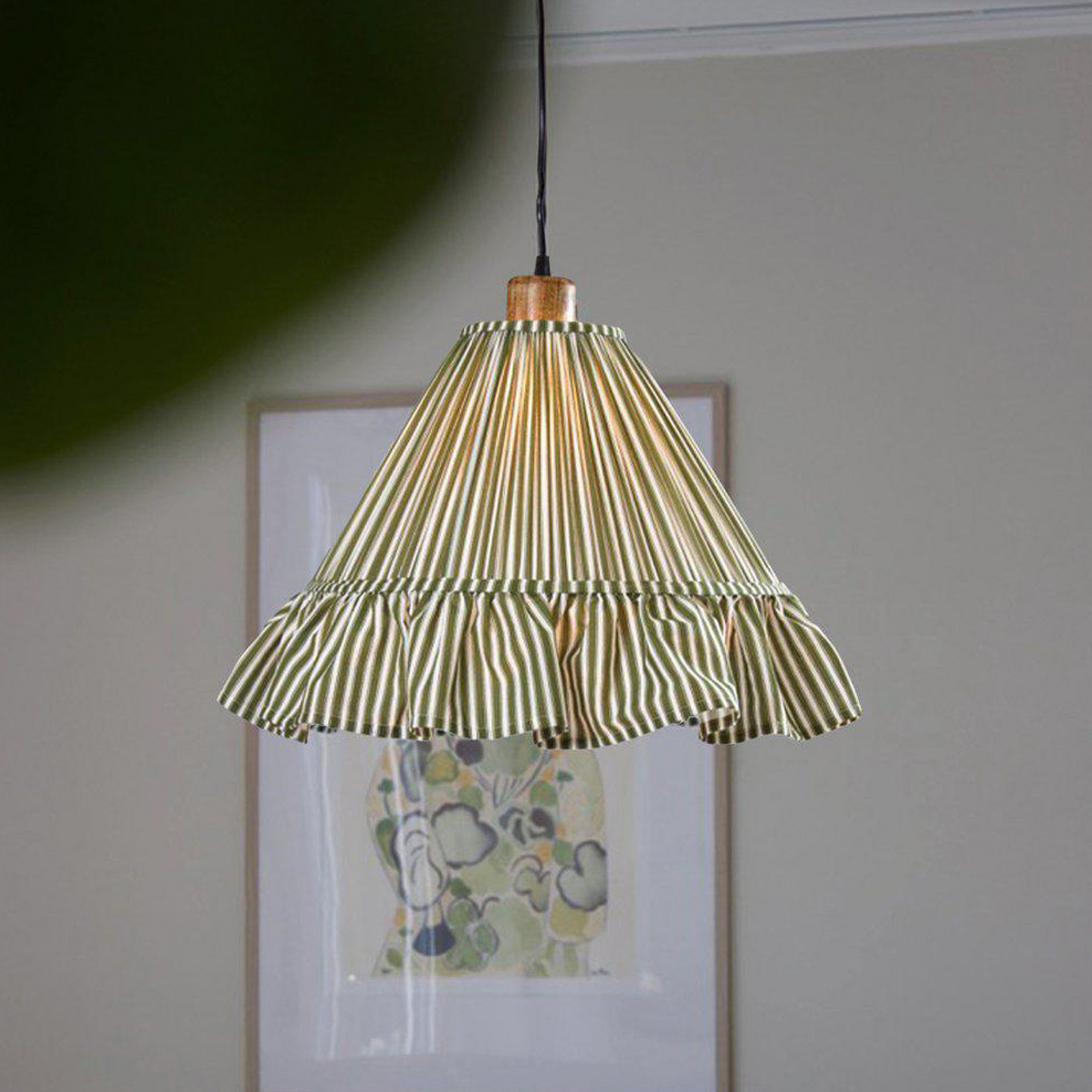 PR Home Estrid hanging light, moss green, fabric, Ø 40 cm, E27