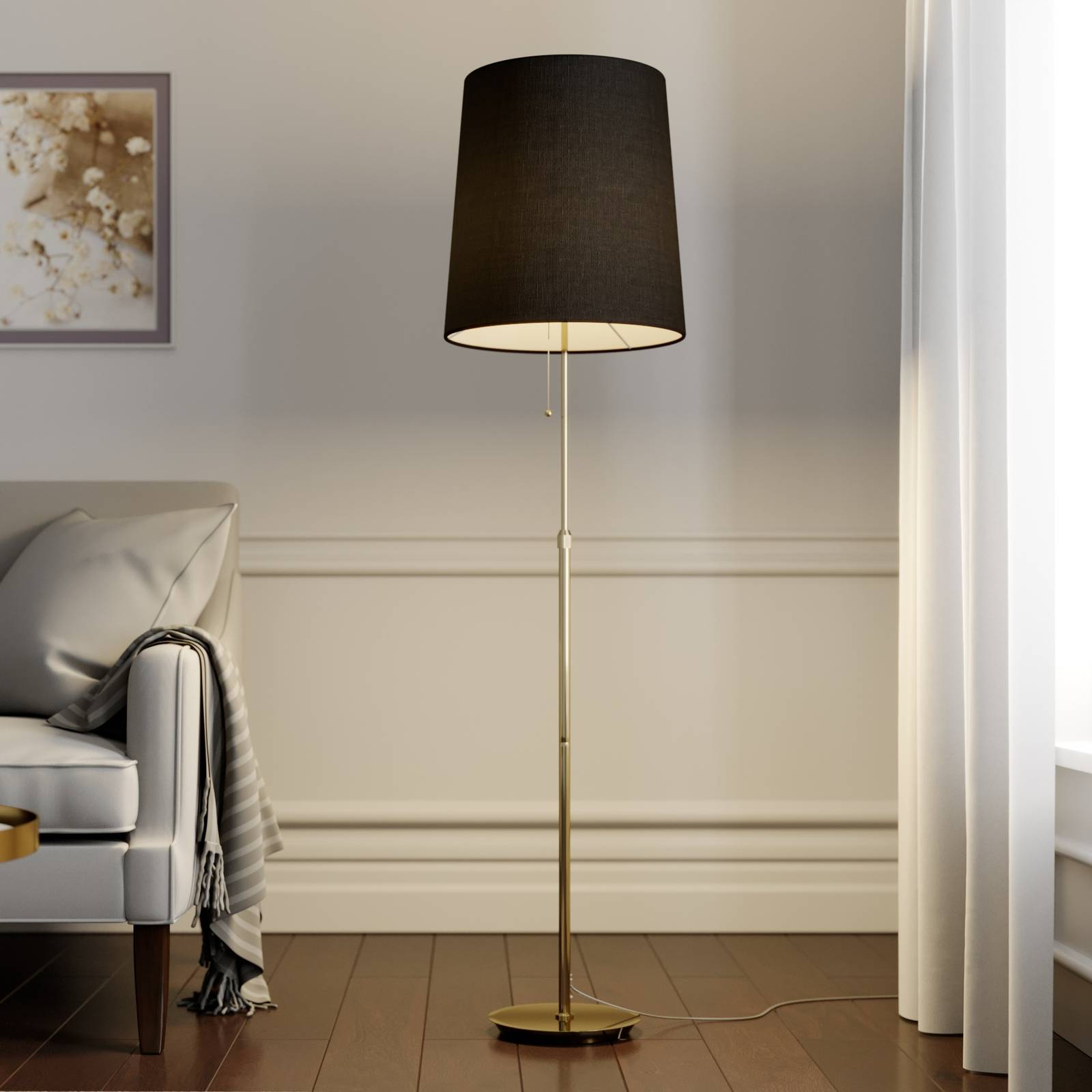 Lucande Pordis vloerlamp, 155 cm, messing-goud
