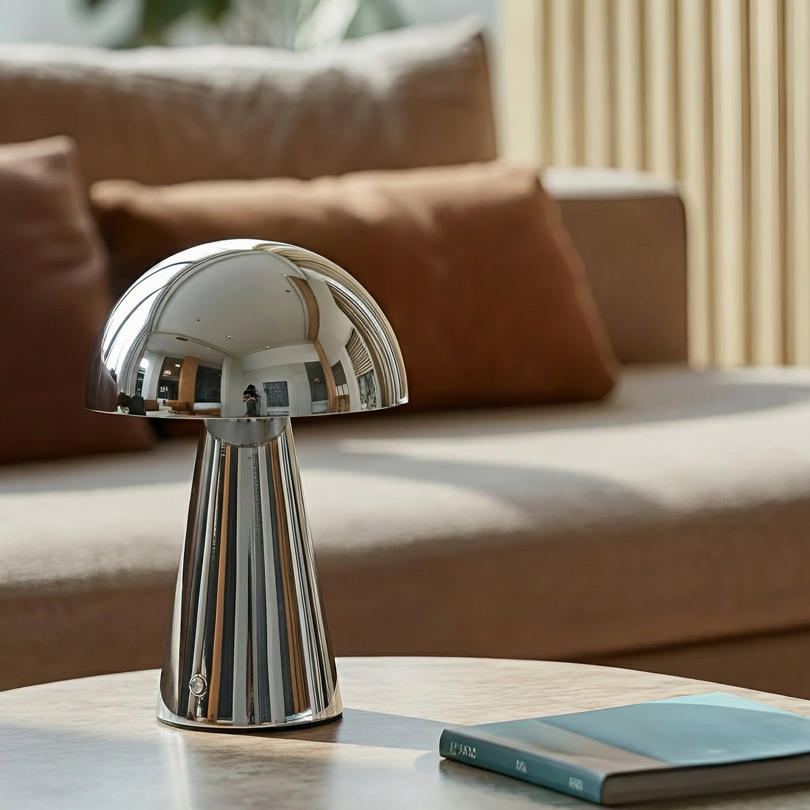 Lindby LED-Akkutischlampe Nevijo, chrom, Ø20cm, USB, Dimmer