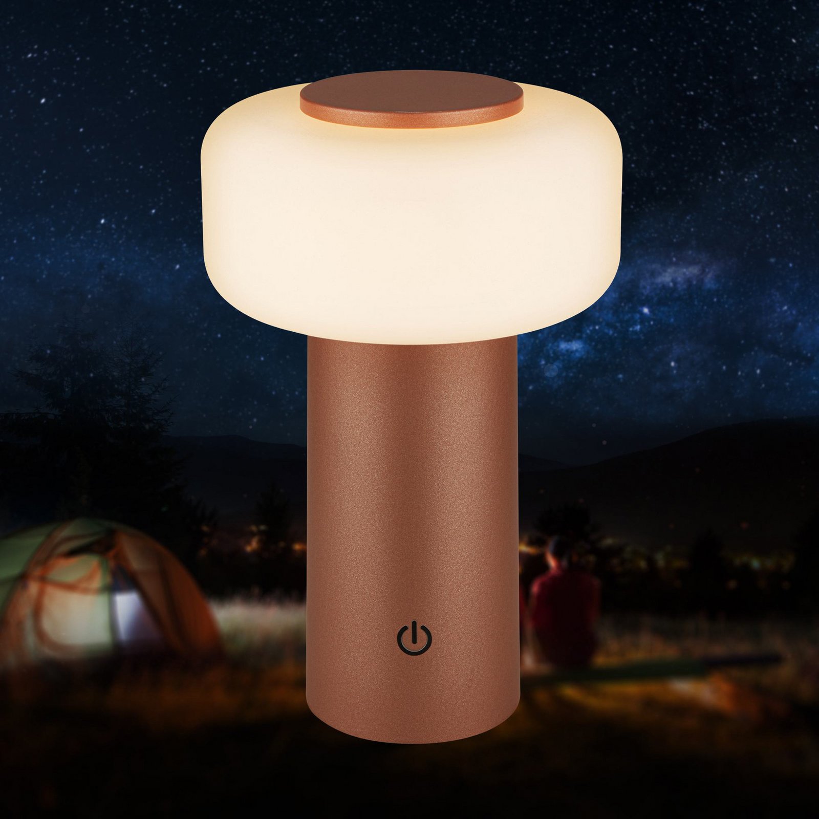Juna LED rechargeable table lamp, brown, IP44, dimmable, 20 cm
