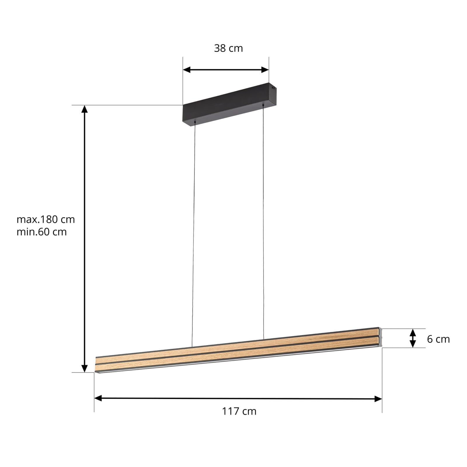 Suspension LED Lisene, chêne/noir, CCT, 117 cm - Quitani