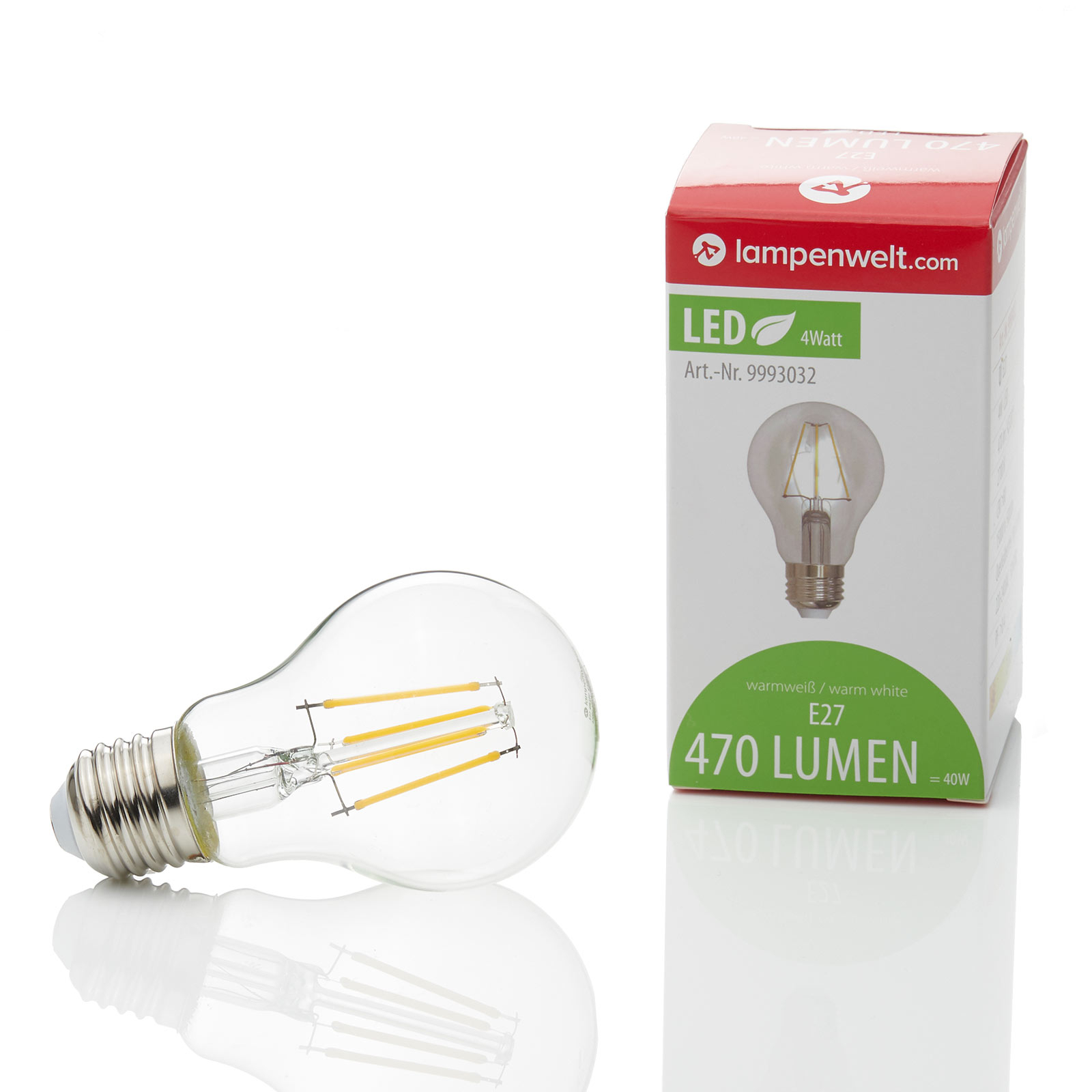 E27 LED-pære filament 4 W, 470 lm, 2 700 K, klar