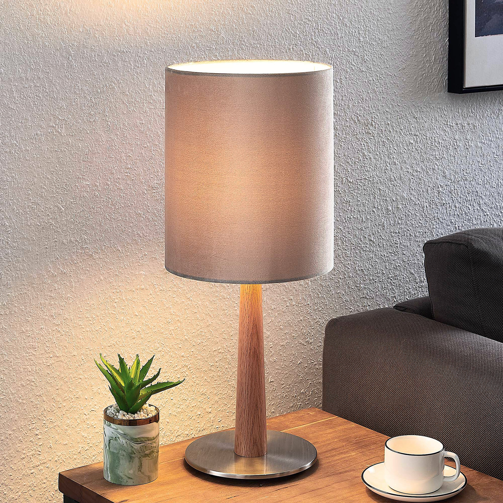 Lucande Heily stolná lampa, valec, 30 cm, sivá