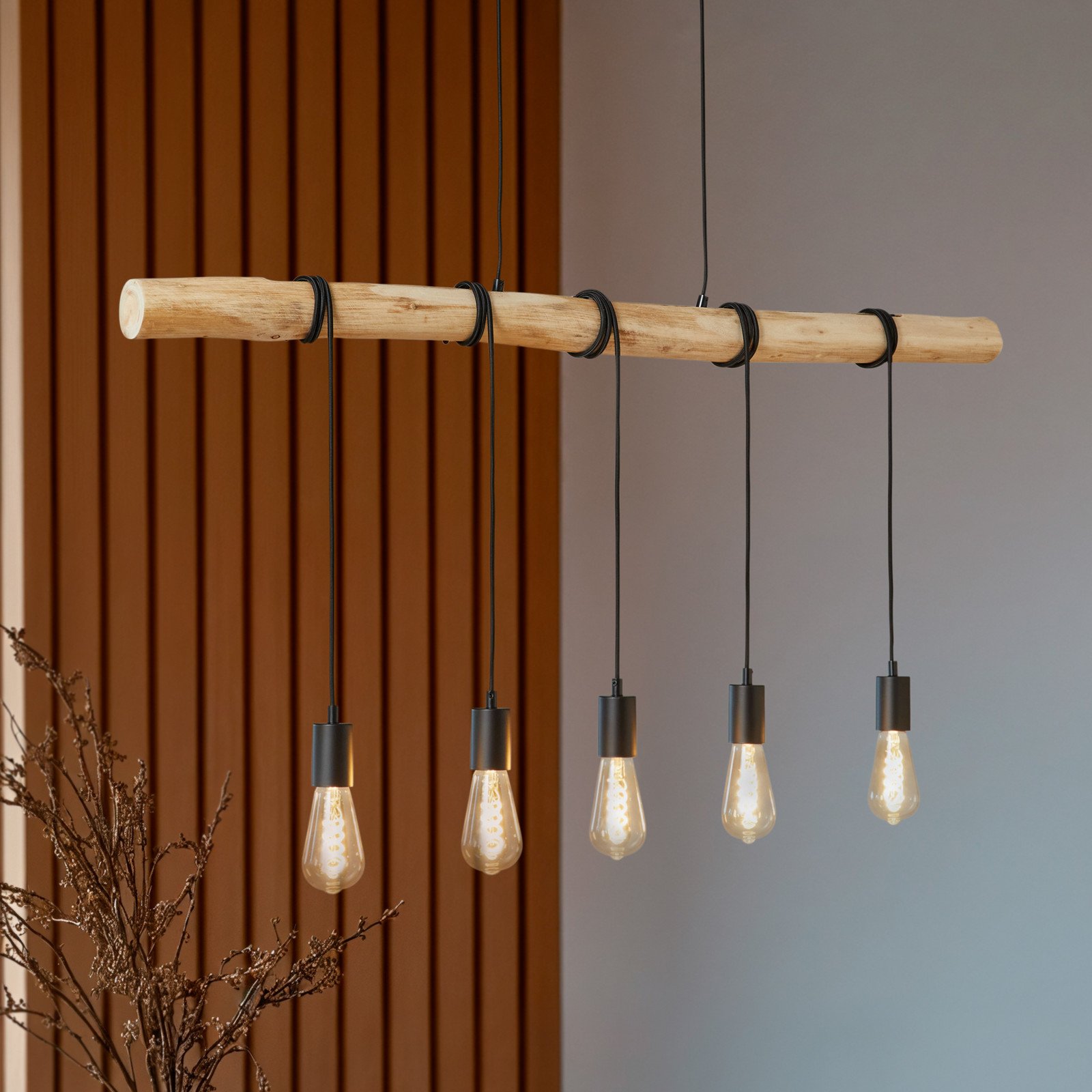 Lindby lampă suspendată Rom 5 becuri lemn frânghie negru 116 cm - Camera de zi / sufragerie - modern - negru mat lemn deschis