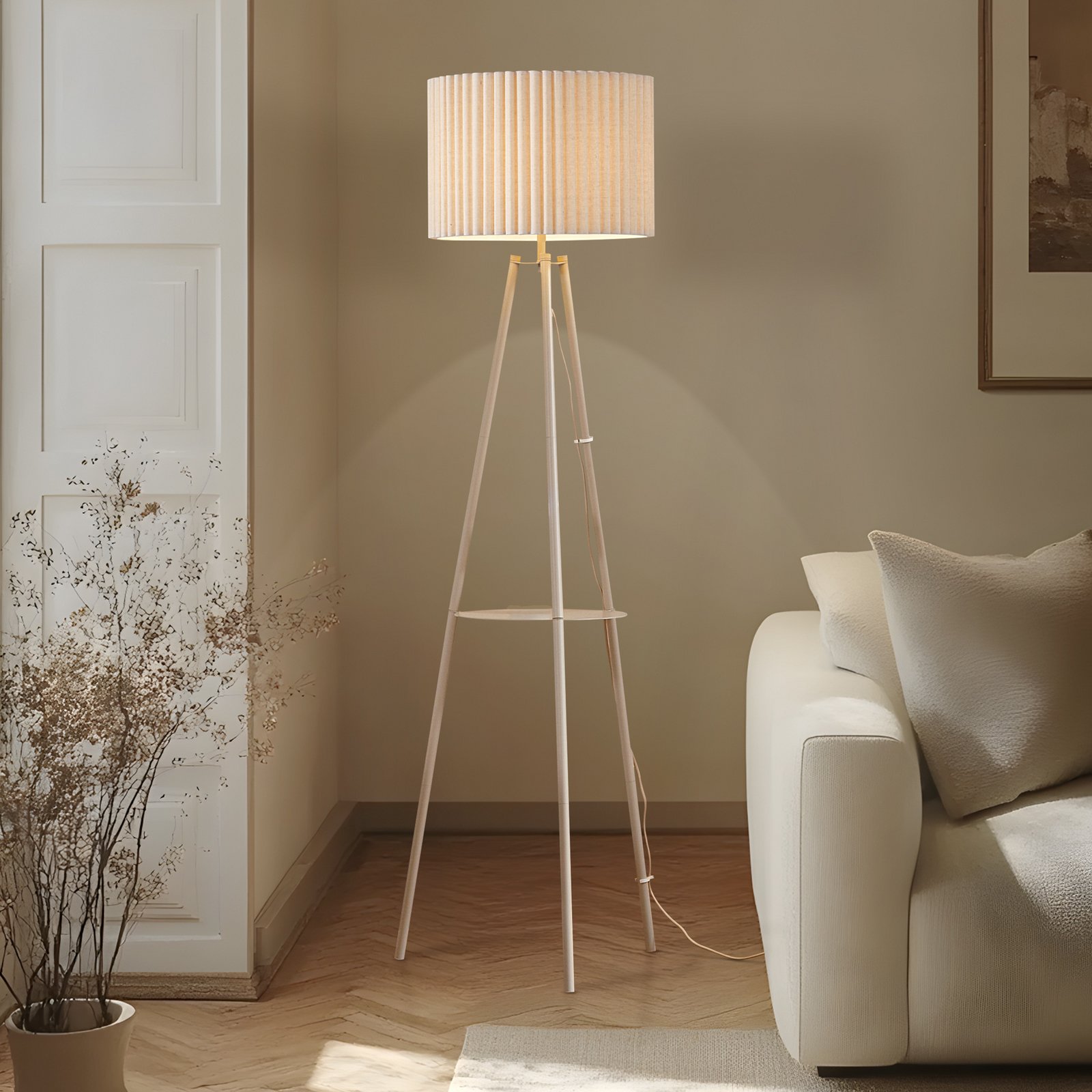 Lindby driepoot vloerlamp Libbie, 155 cm, linnen, crèmekleurig