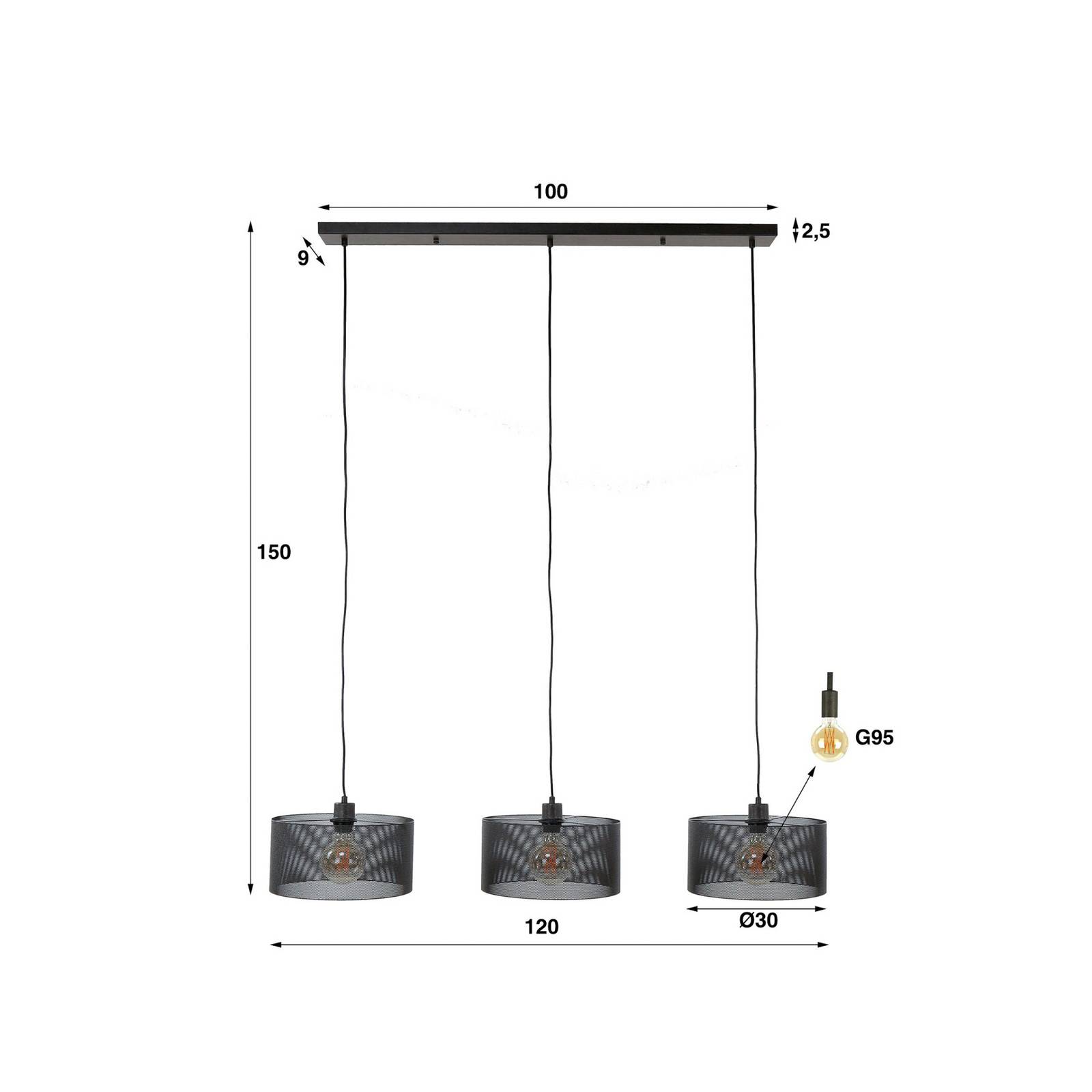 Lampa wisząca Tonno, 3-punktowa, czarny, metal, siatka