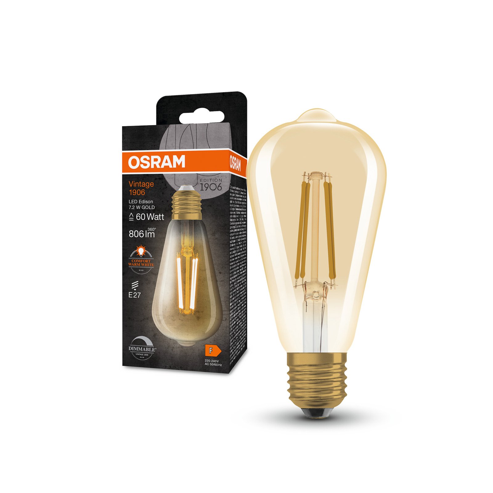 OSRAM LED Vintage 1906 Edison, dourado, E27, 7.2 W, 824, dim.