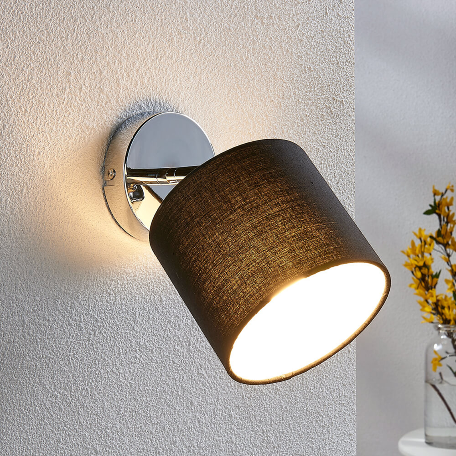Lindby Mairi LED fabric wall lamp with a black lampshade, for Living / Dining Room, fabric, metal, E14, 4 W, energy efficiency: A+, W: 13.5 cm