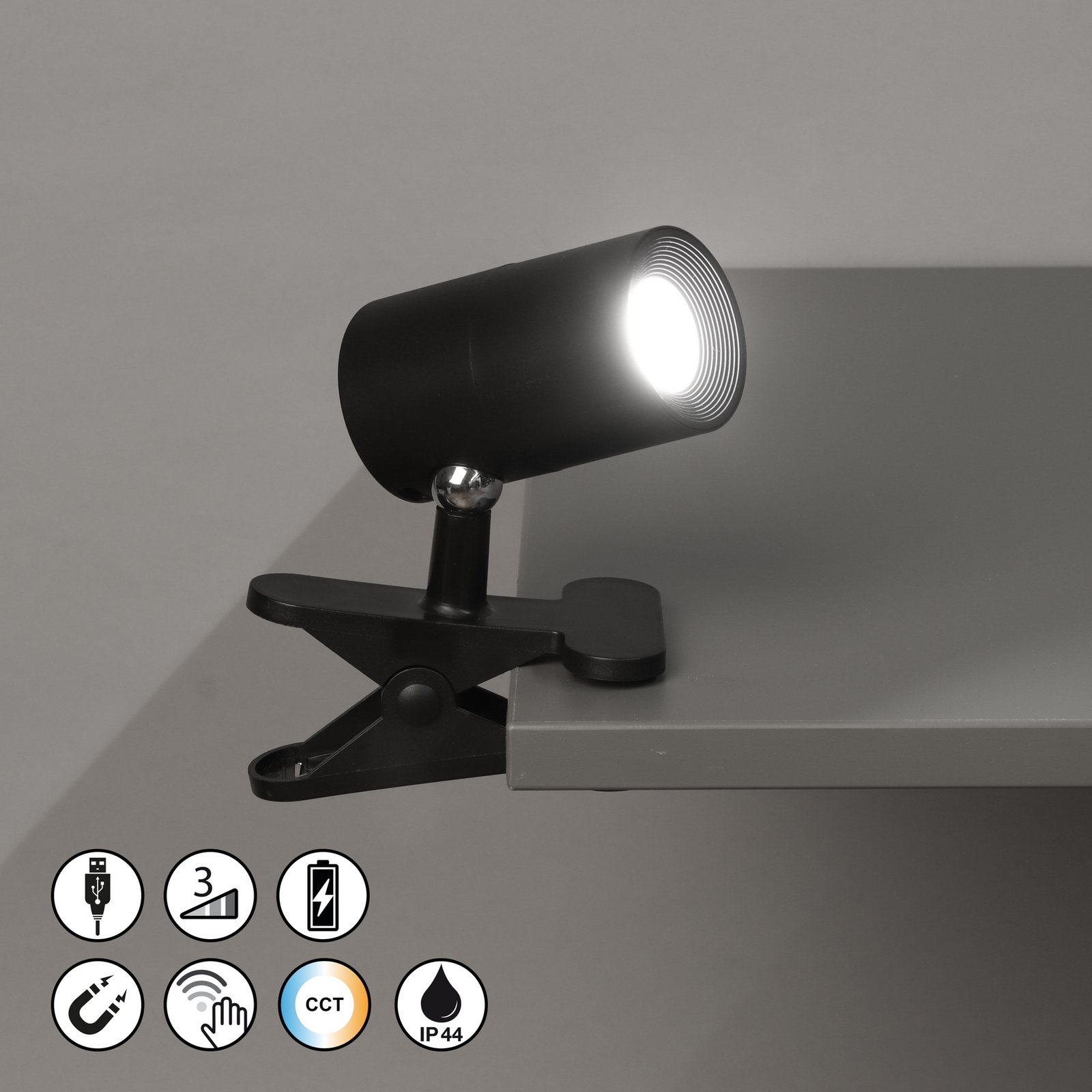 LED-Akku-Klemmleuchte Magnetics, schwarz, dimmbar, CCT