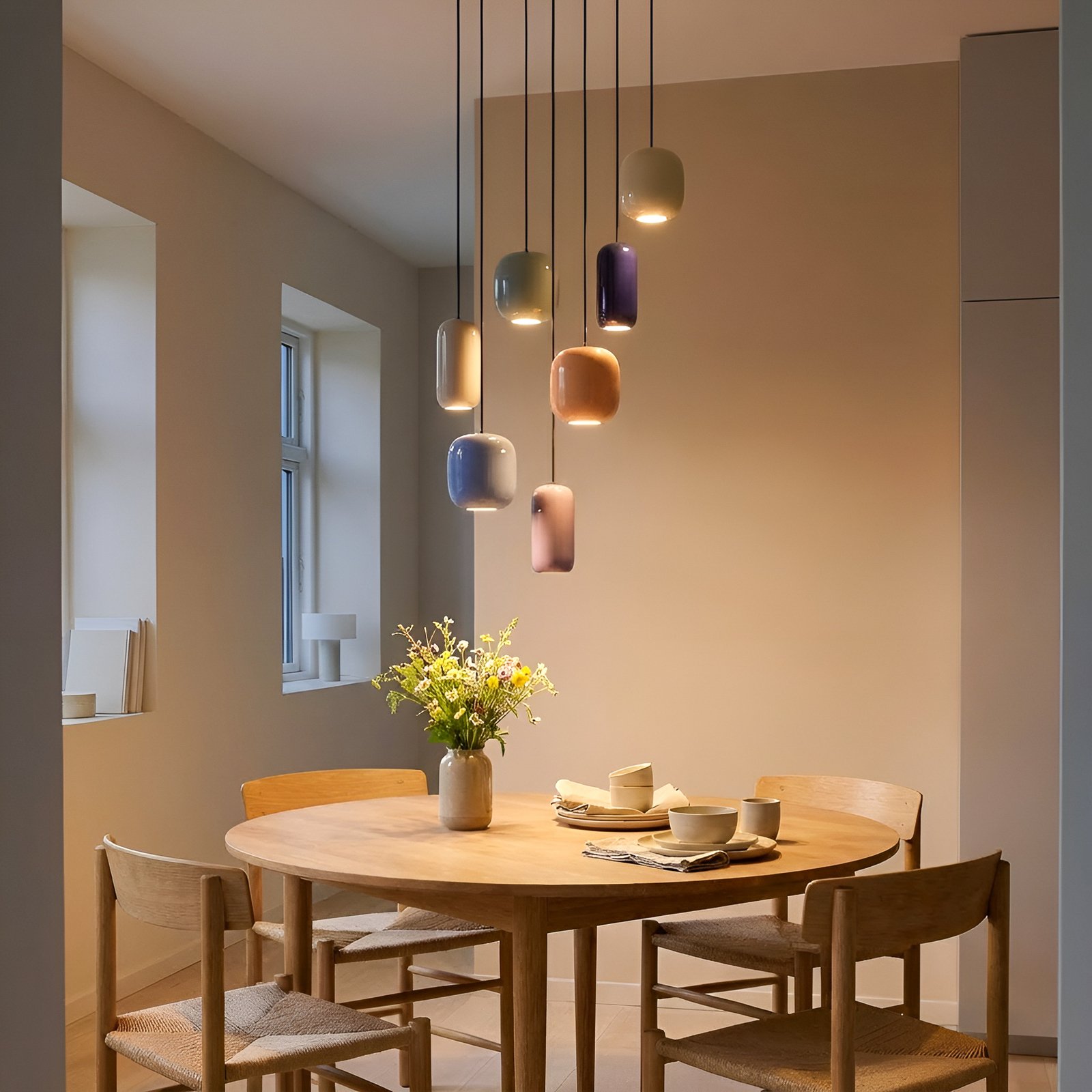 Lucande pendellampe Narion, rund, 7-lys, fargerik, metall