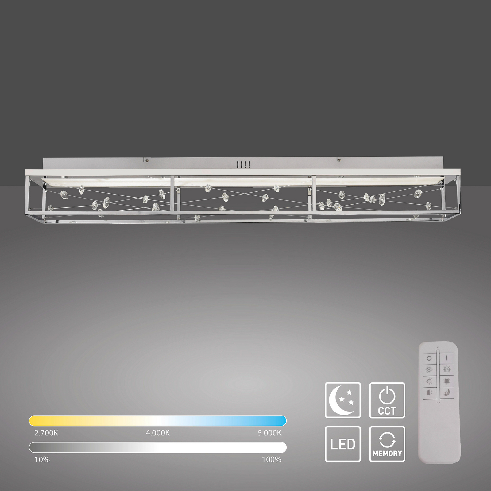 LED lubų šviestuvas „SKINA“, chromas, 112 cm, CCT, reguliuojamas nuotolinio
