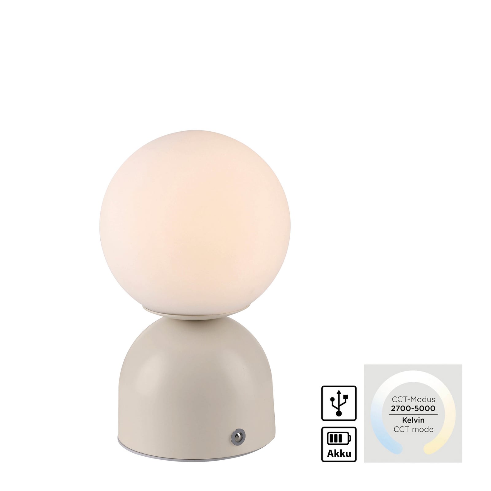 LED-akutoitega laualamp RUDI, beež, kõrgus 20 cm, CCT, puutetundlik hämardus