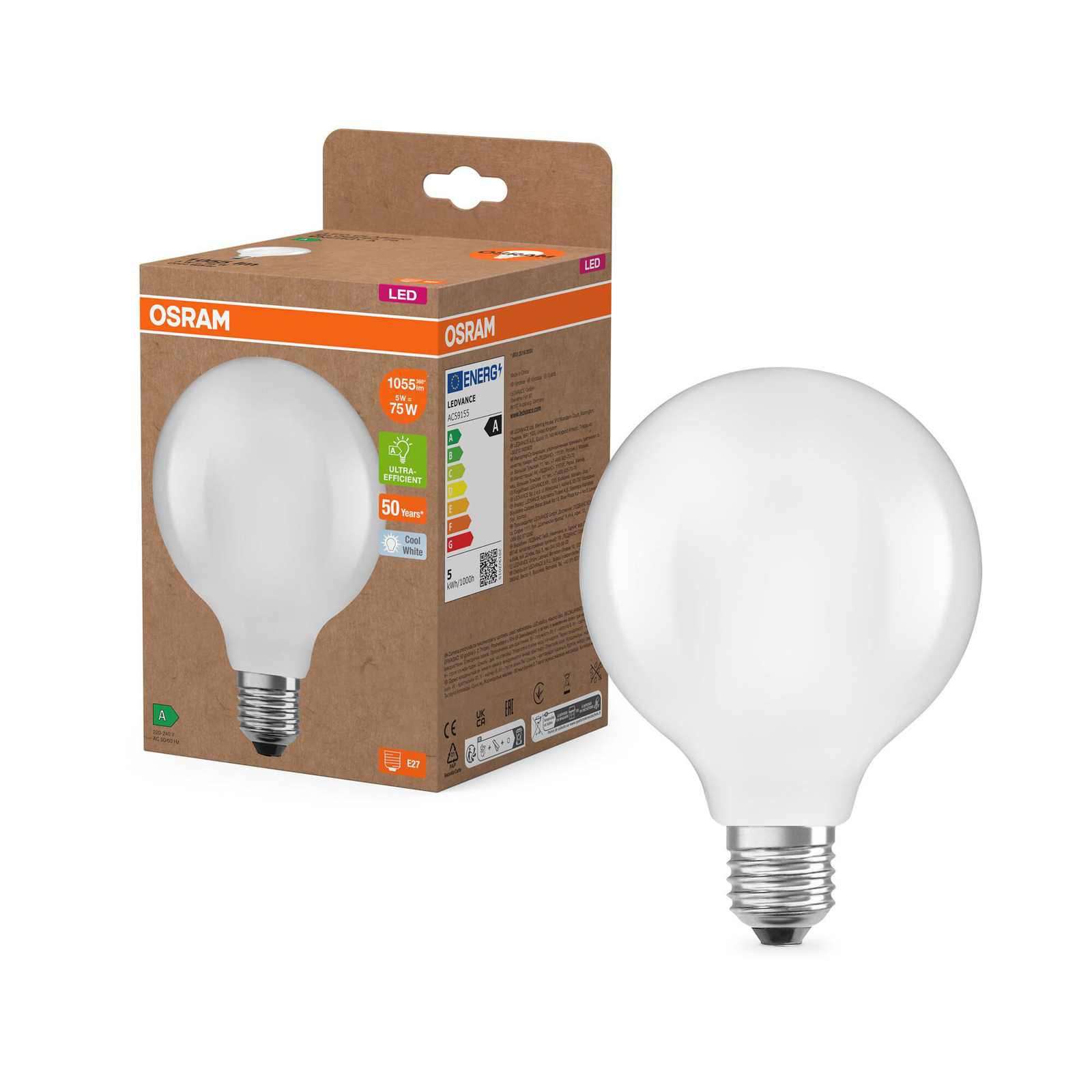 OSRAM Lampadina LED Globe G95 E27 5W opaca 4.000K