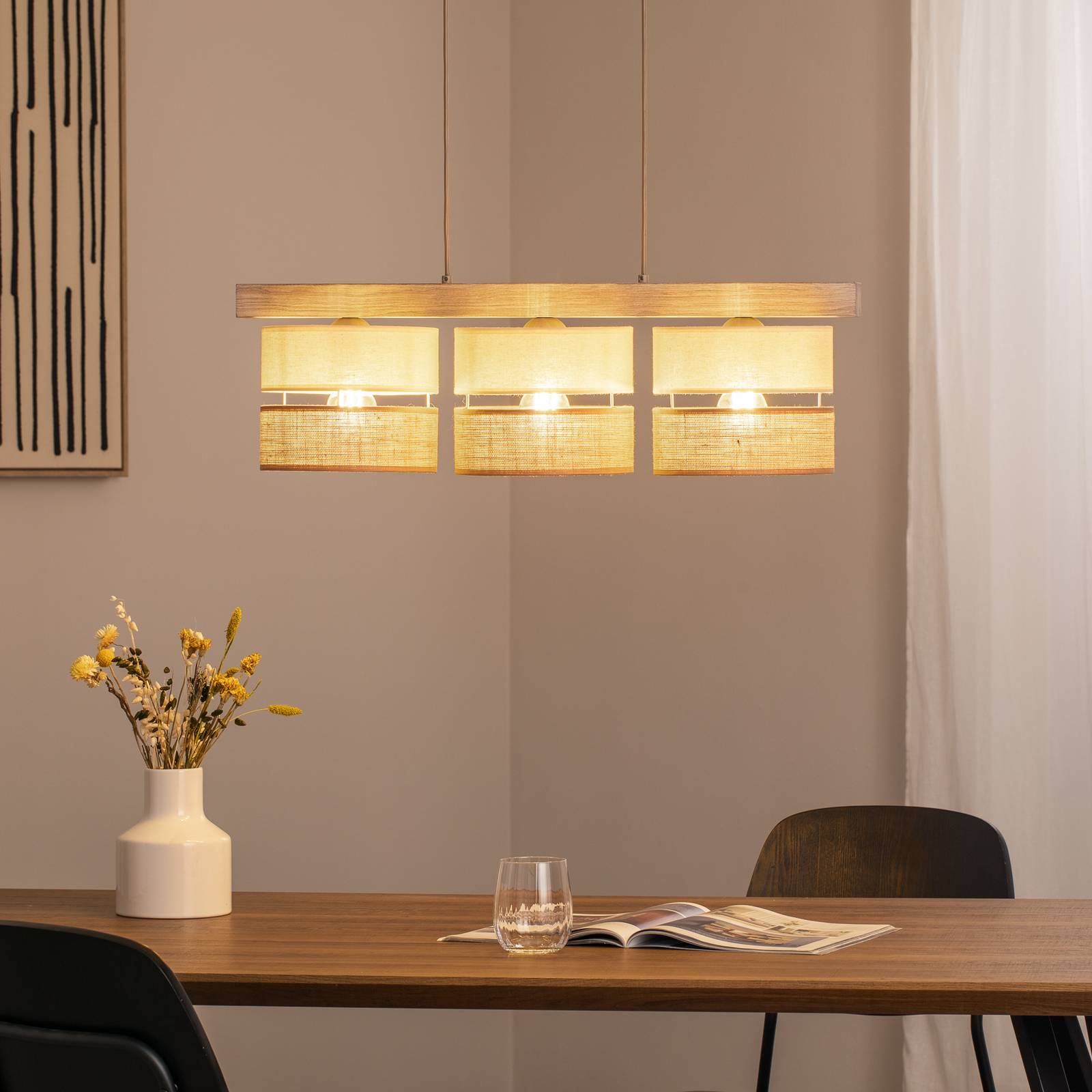 Hängeleuchte Treeon, 3-flammig, Holz, Jute, naturfarben/ecru günstig online kaufen