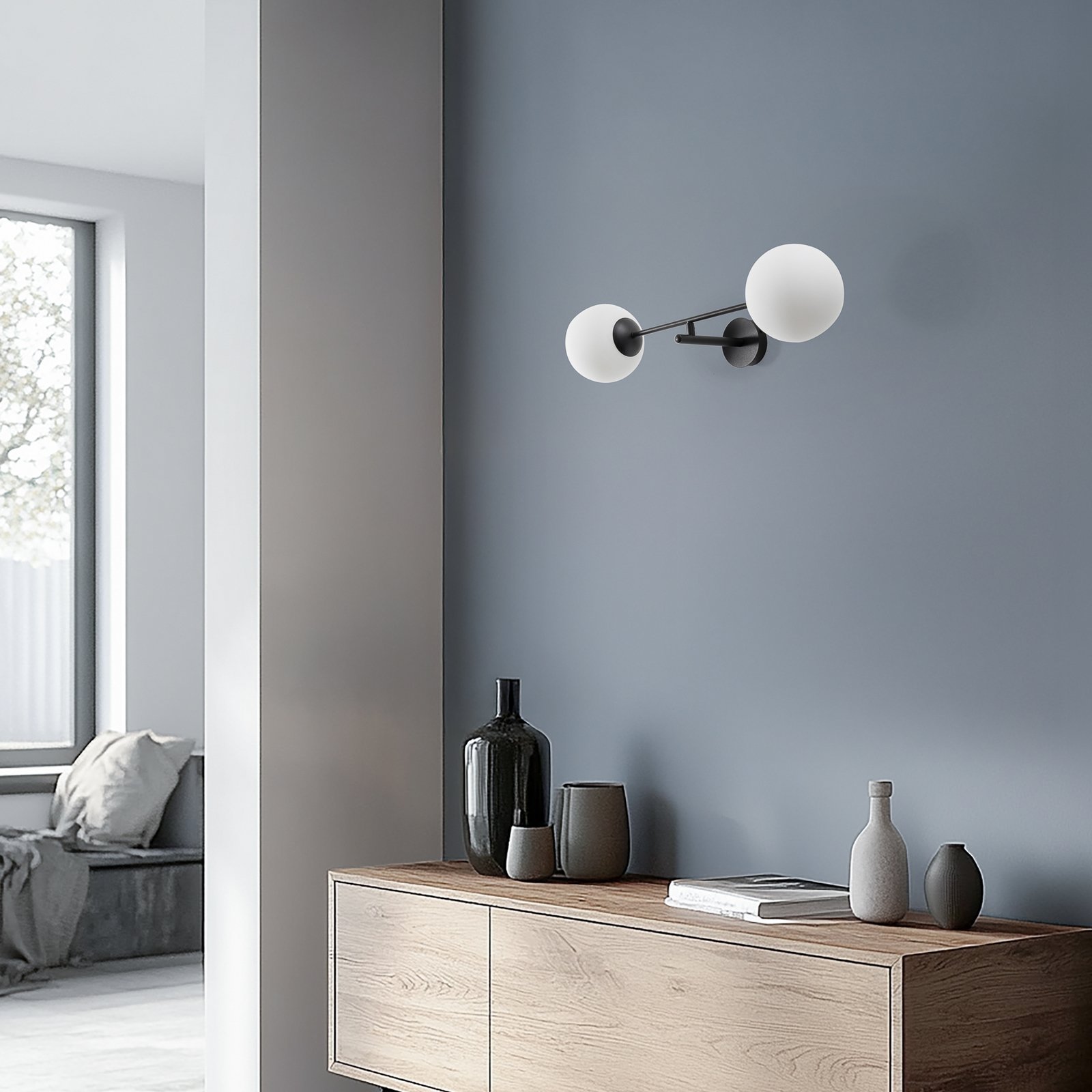 Wandlampe Linear, schwarz/opal, zweiflammig