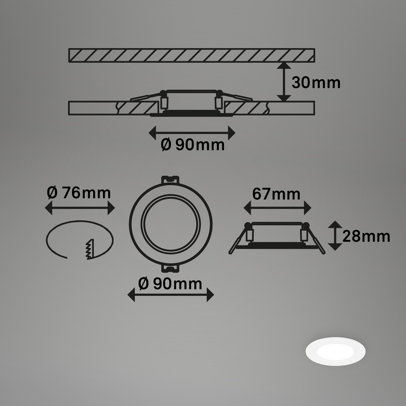 LED vestavné světlo Jeft, Ø 9 cm, bílé, sada 3 kusů, zapnuto/vypnuto, pevné