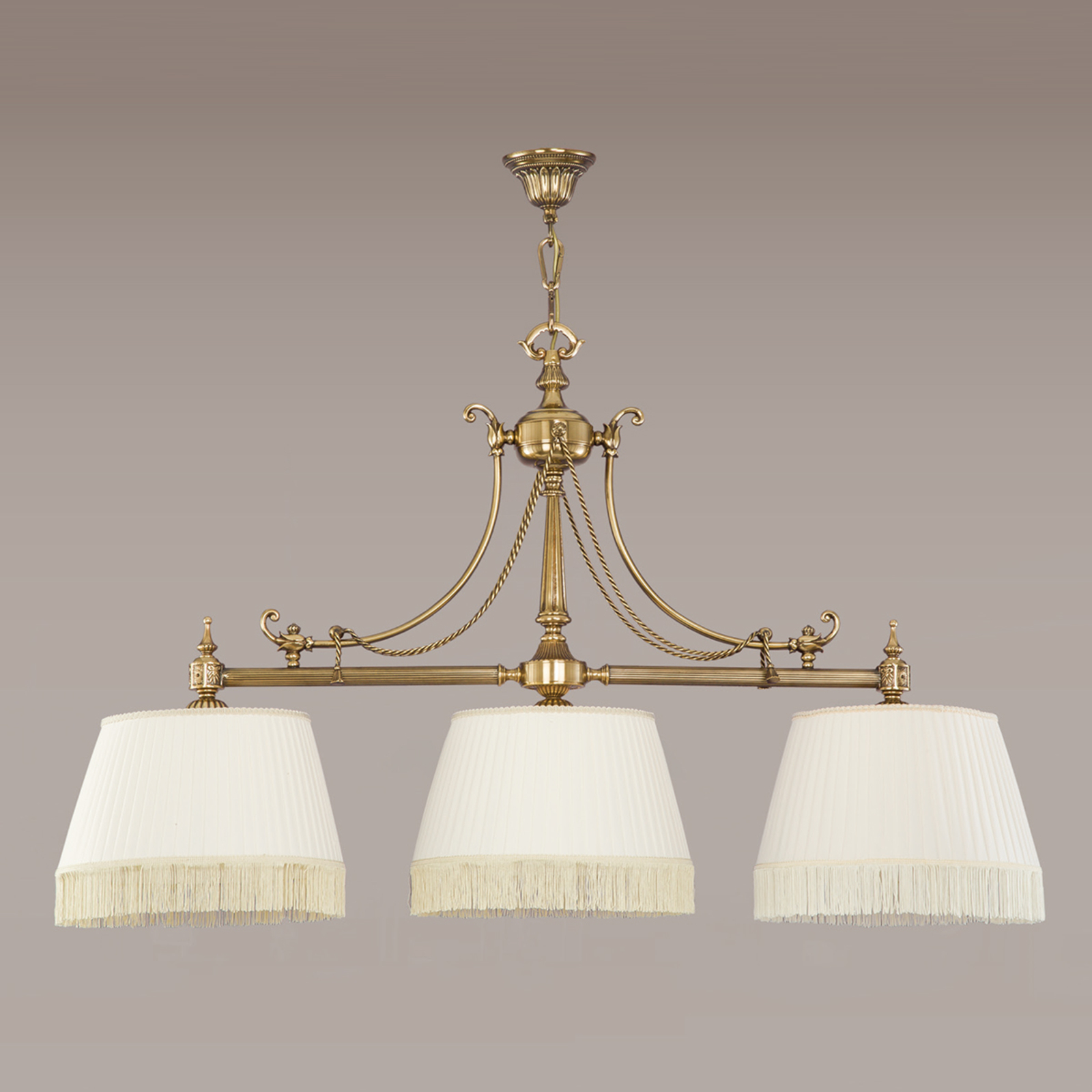 RIPERLamP 3-bulb fabric pendant light Sopia, for Living / Dining Room, brass, fabric, E27, 40 W, energy efficiency: A++, L: 122 cm, H: 73 cm