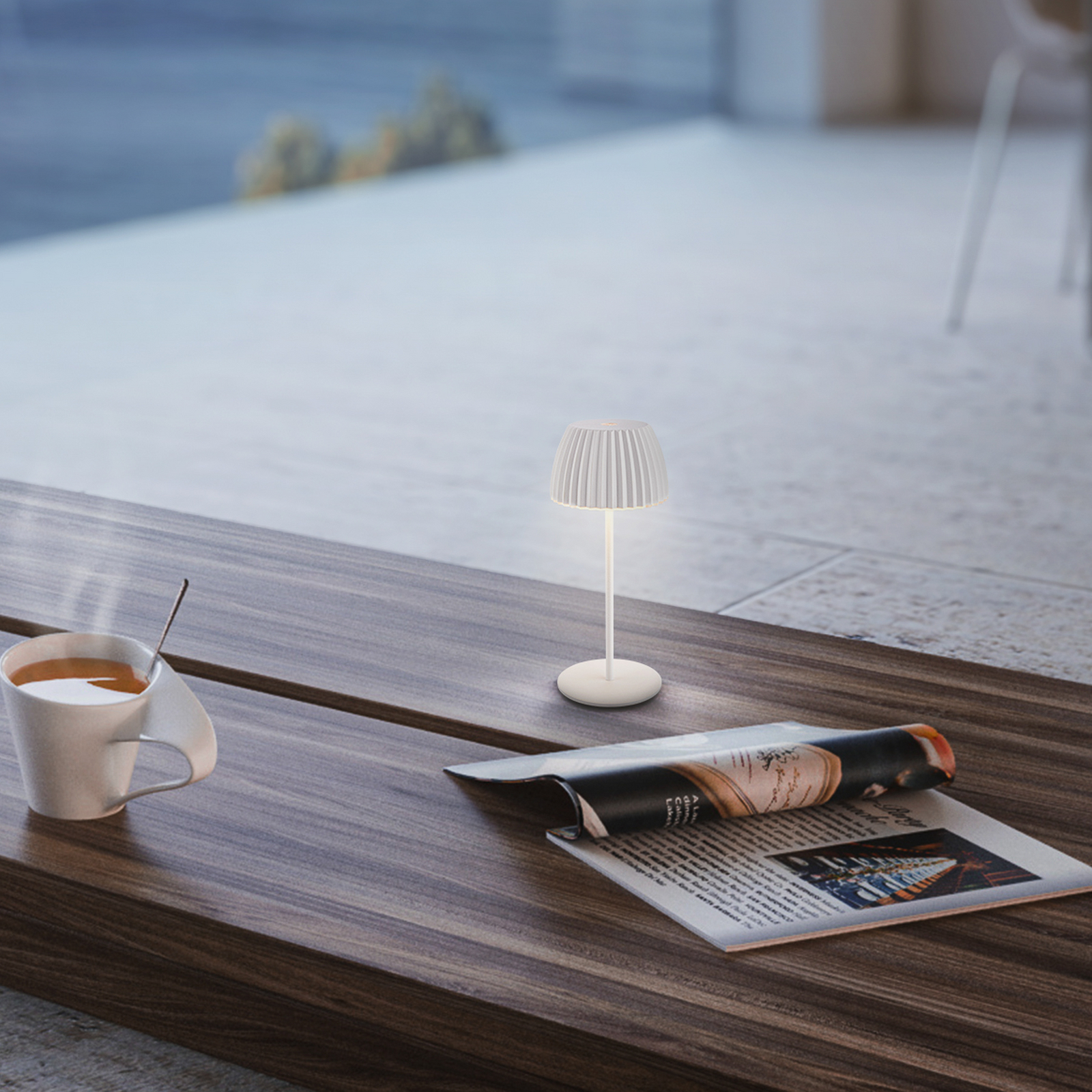 Lampă de masă cu baterie LED Brilo unplugged Riffle, 20 cm, albă