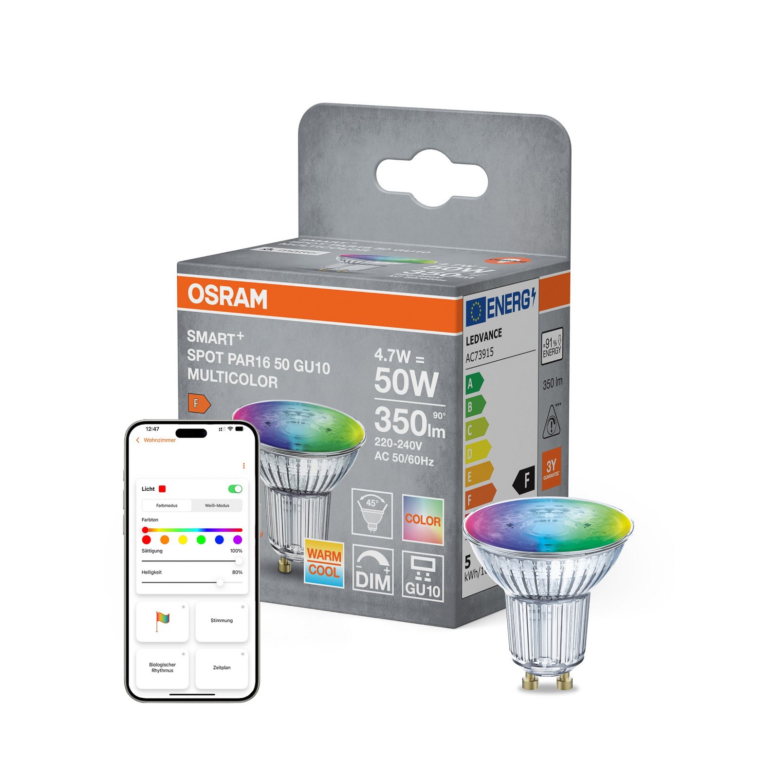 OSRAM SMART+ WiFi LED-pære GU10, 4,7 W, CCT, RGB dæmpbar