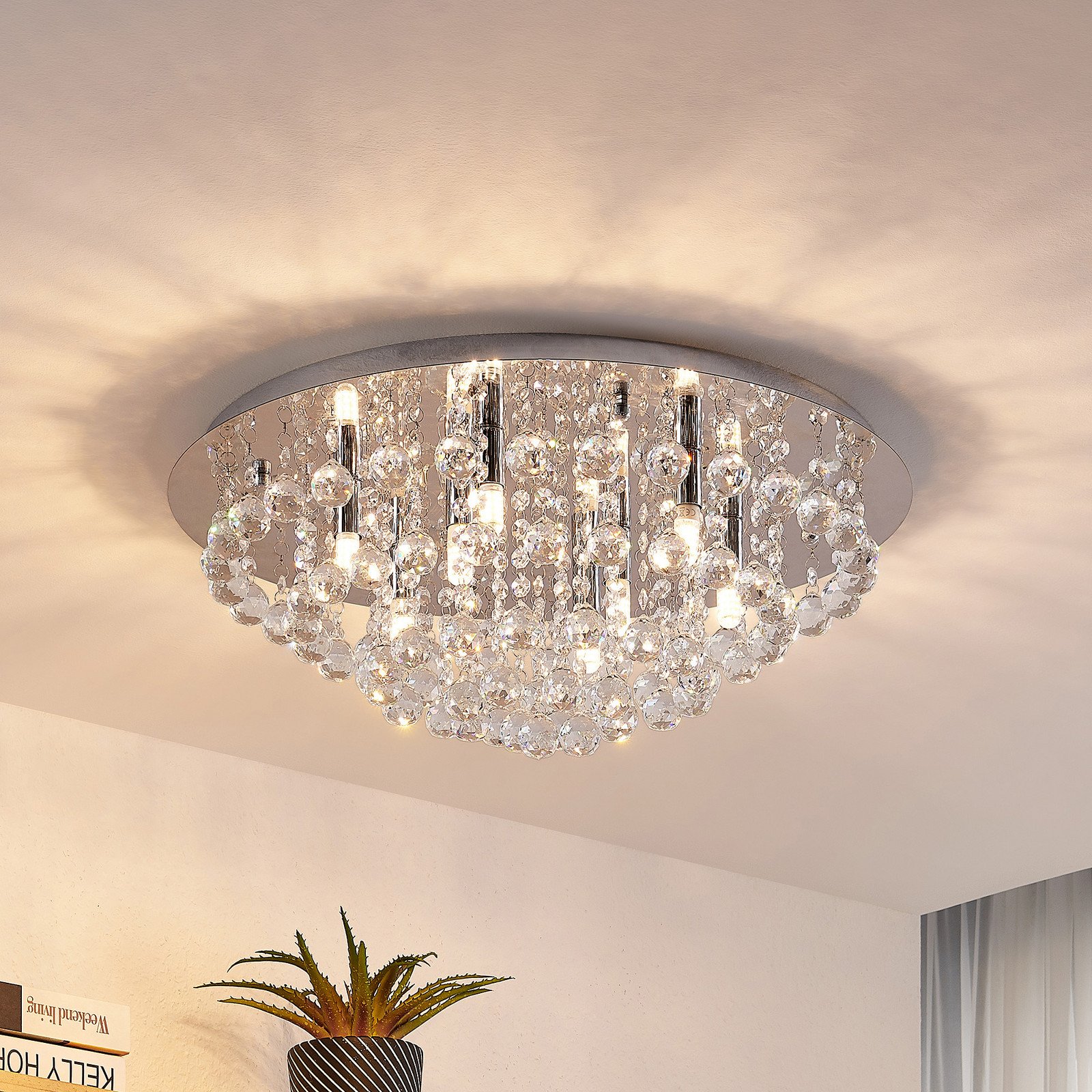 Plafonieră Lindby Antonino 8 becuri crom cristal 55 cm - Camera de zi / sufragerie