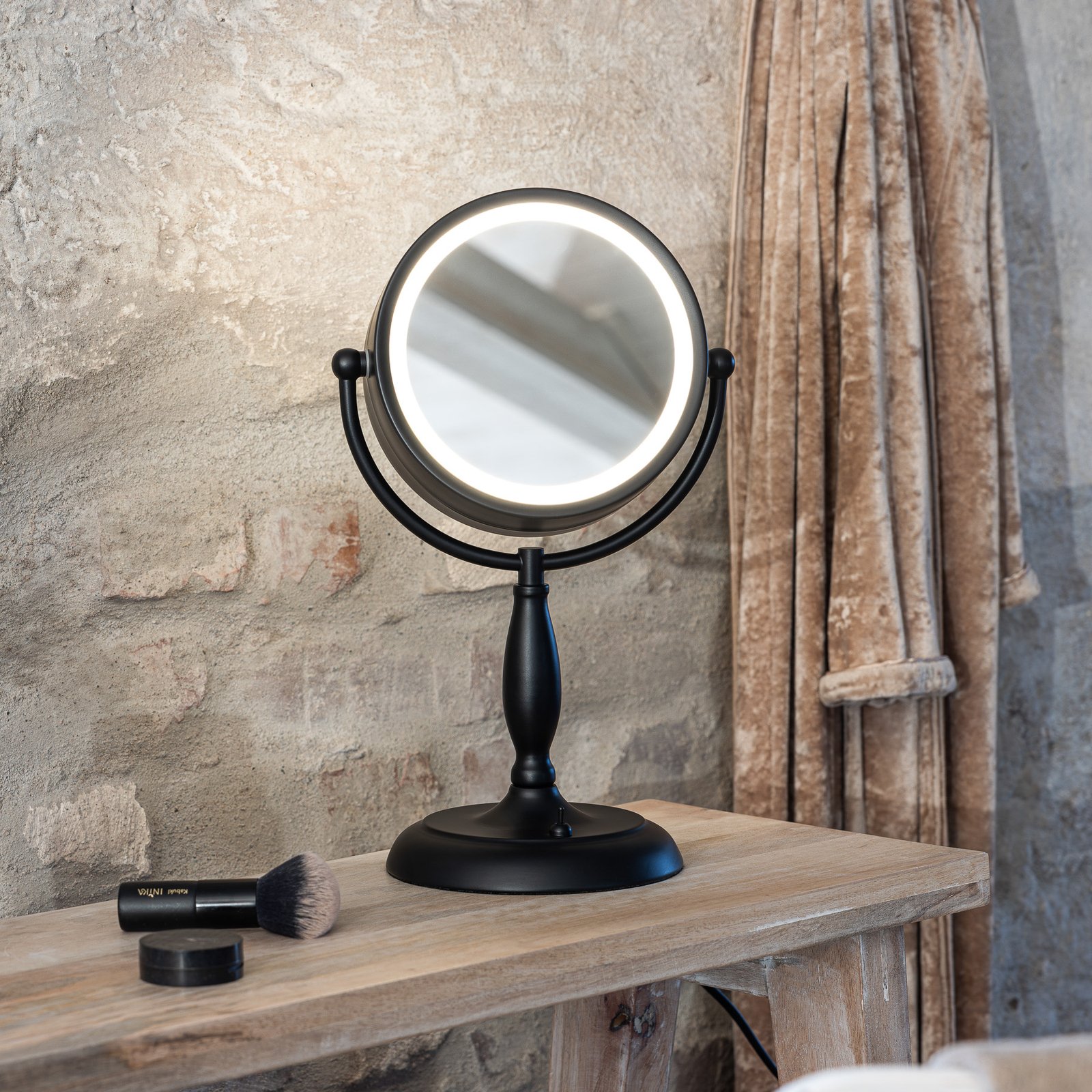 Miroir de table Face avec lumière, noir, métal, hauteur 36 cm