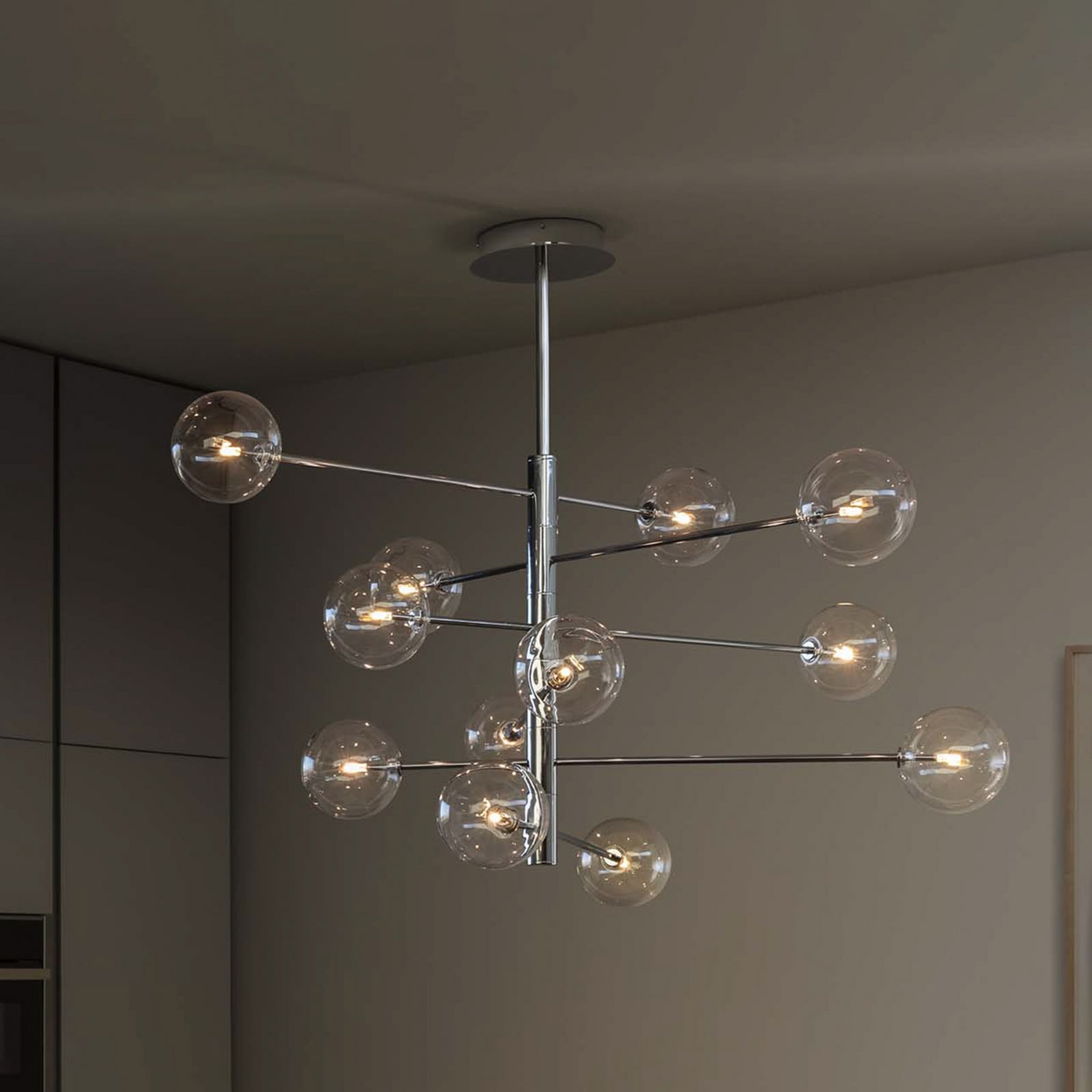 Suspension IDEAL LUX Equinoxe, chrome/transparent, à 12 lampes