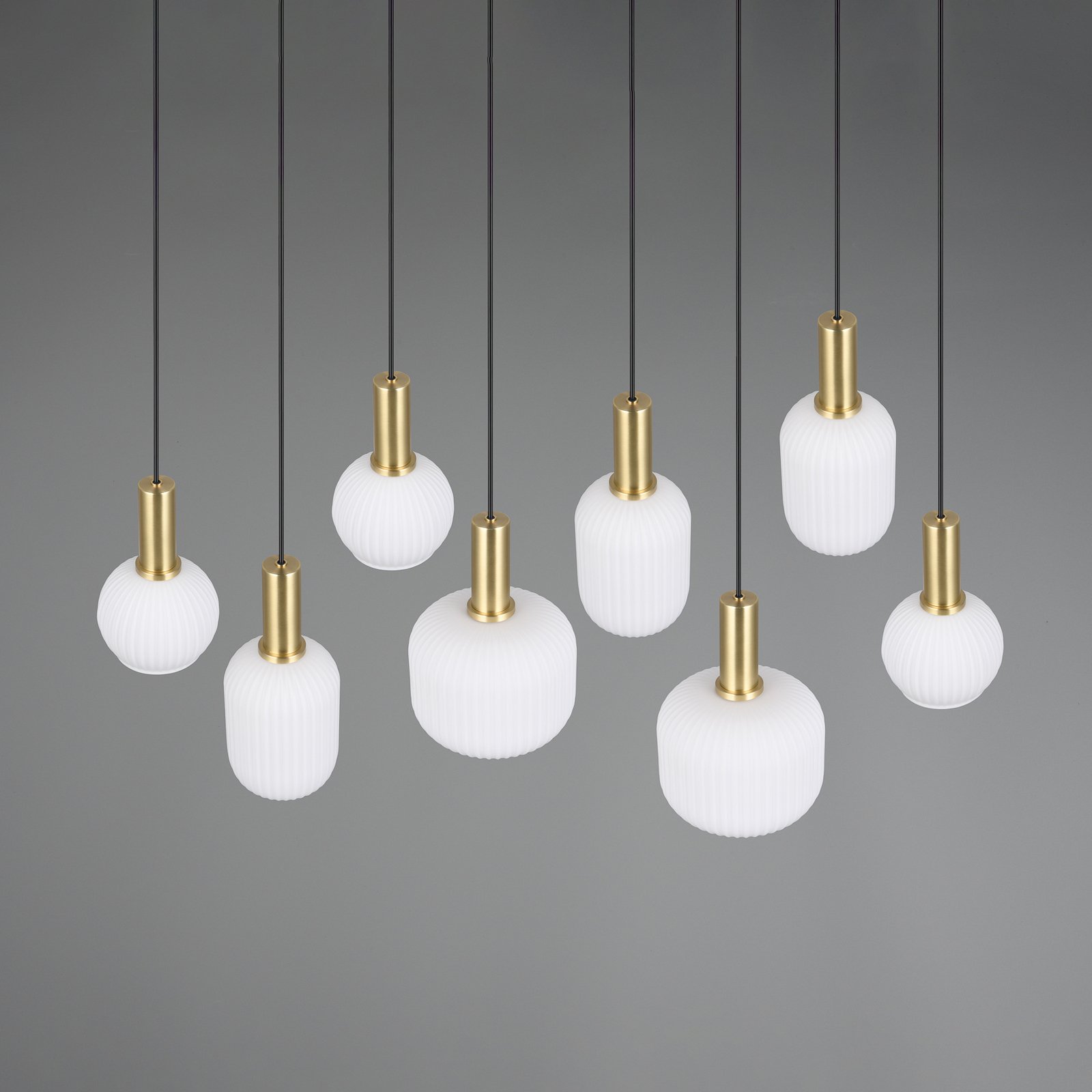 Diva pendant light, 8-bulb, brass-coloured, opal, metal, glass