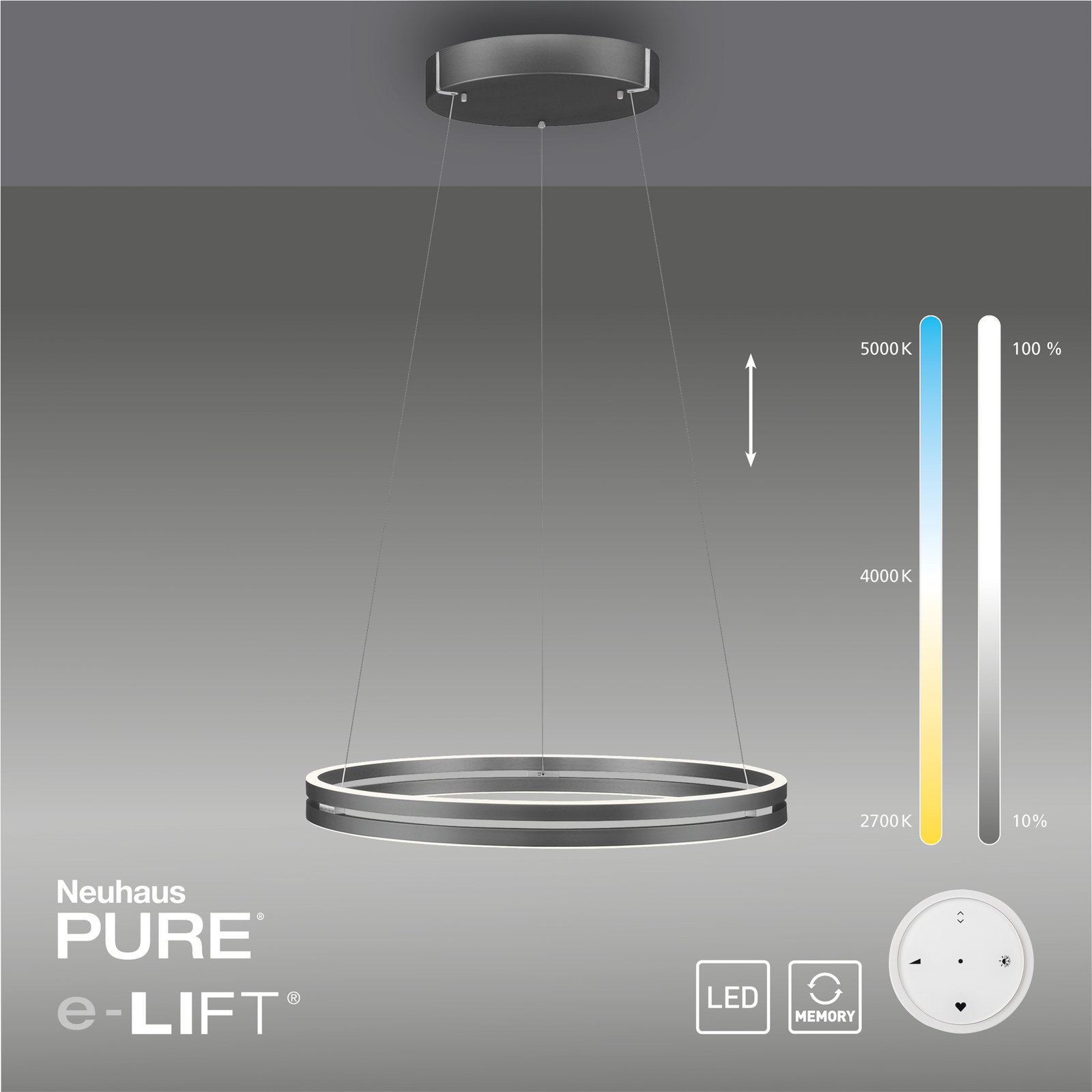 PURE E-Loop LED závěsné světlo, CCT, šedá