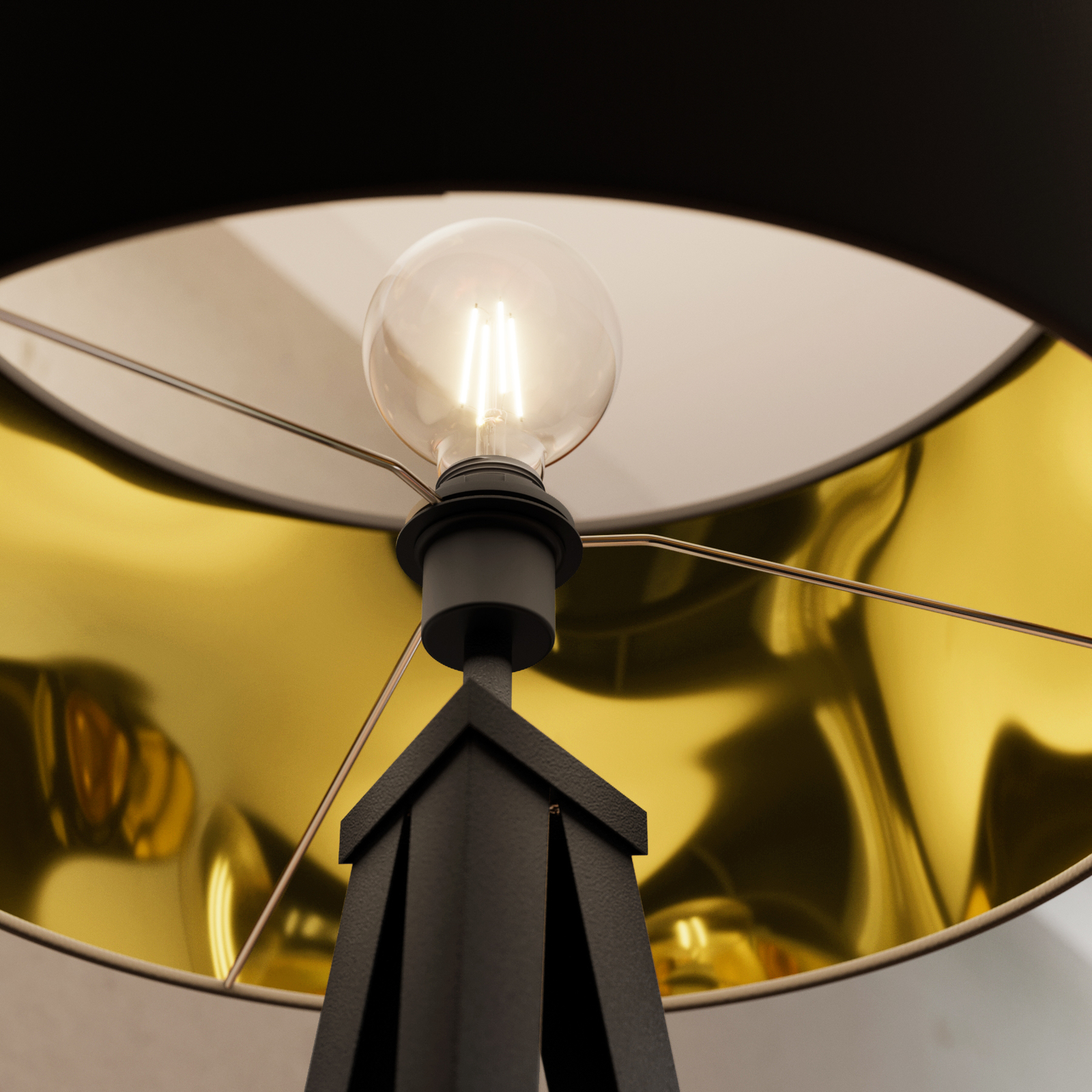 Stojacia lampa Lindby Benik, trojnožka, textil, čierna, zlatá farba
