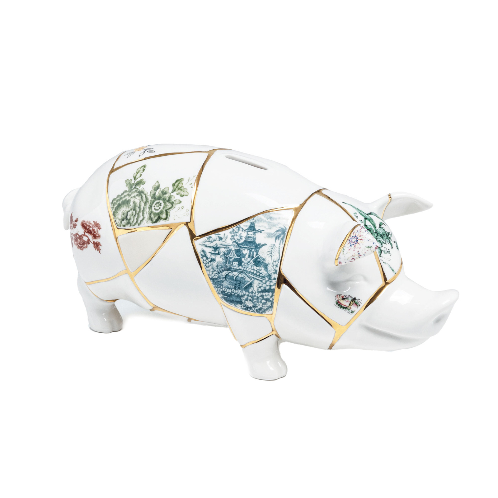 SELETTI Sparschwein Kintsugi, weiß / bunt, Porzellan, Gold