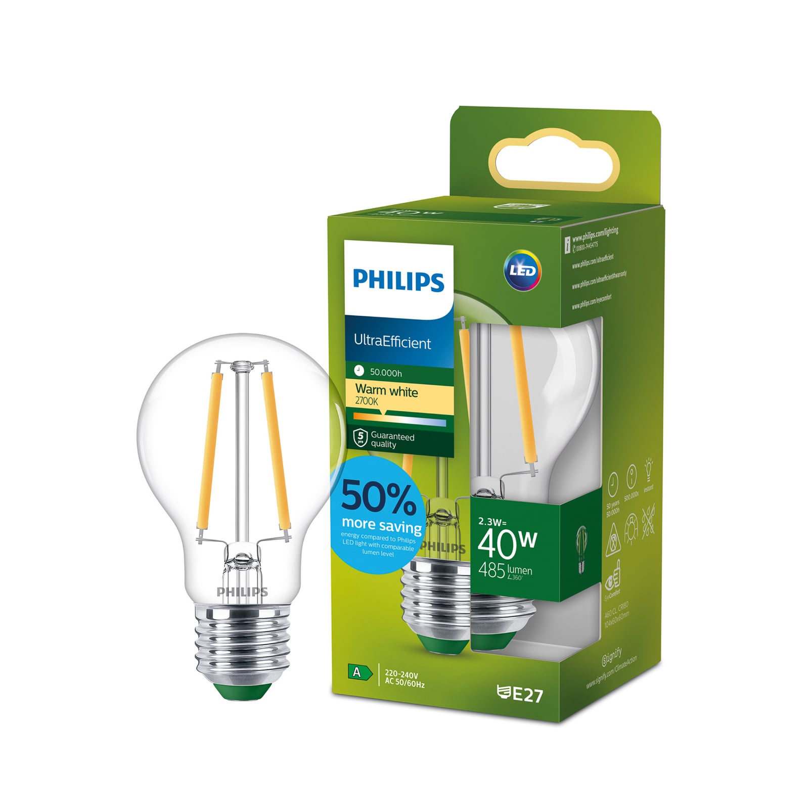 Philips E27 LED-lampa A60 2,3W 485lm 2 700K klar