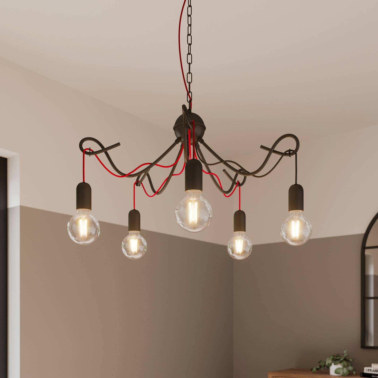 Lucande Jorna suspension à 5 lampes câble rouge