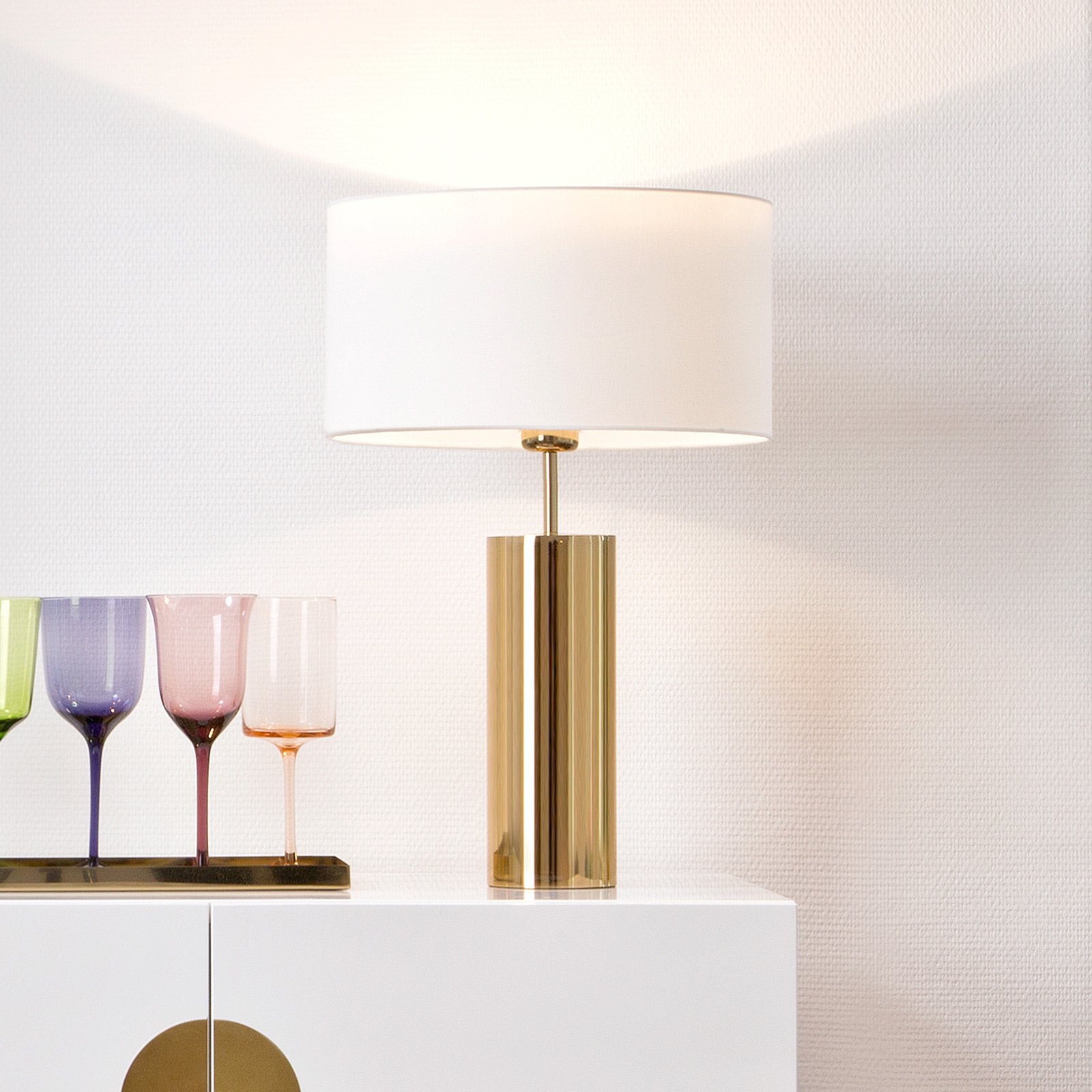 Villeroy & Boch Round table lamp Prague with white fabric shade, for Living / Dining Room, stainless steel, fabric, E27, 13 W, energy efficiency: A++, H: 53 cm