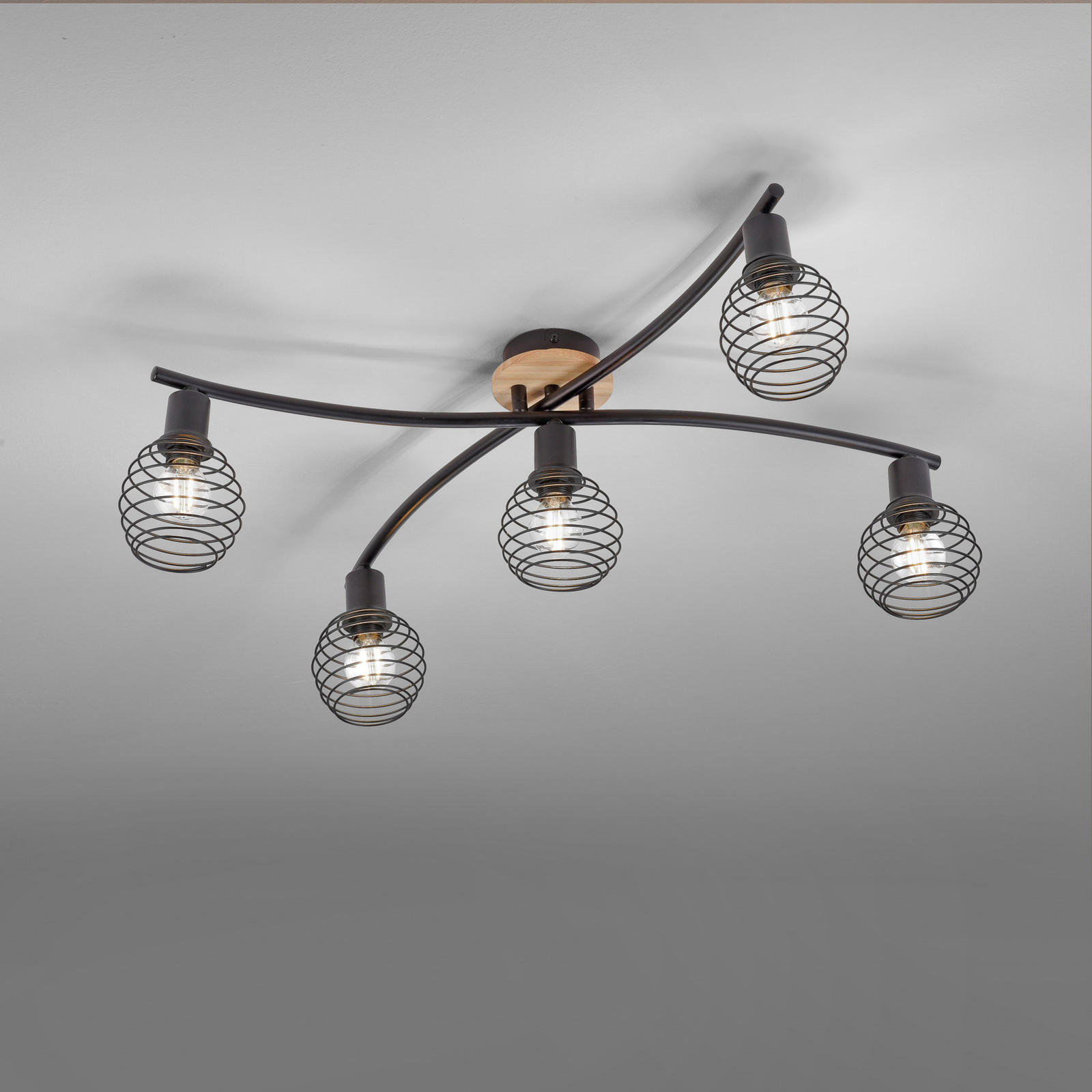 Eugen ceiling light, wood decor, 5-bulb