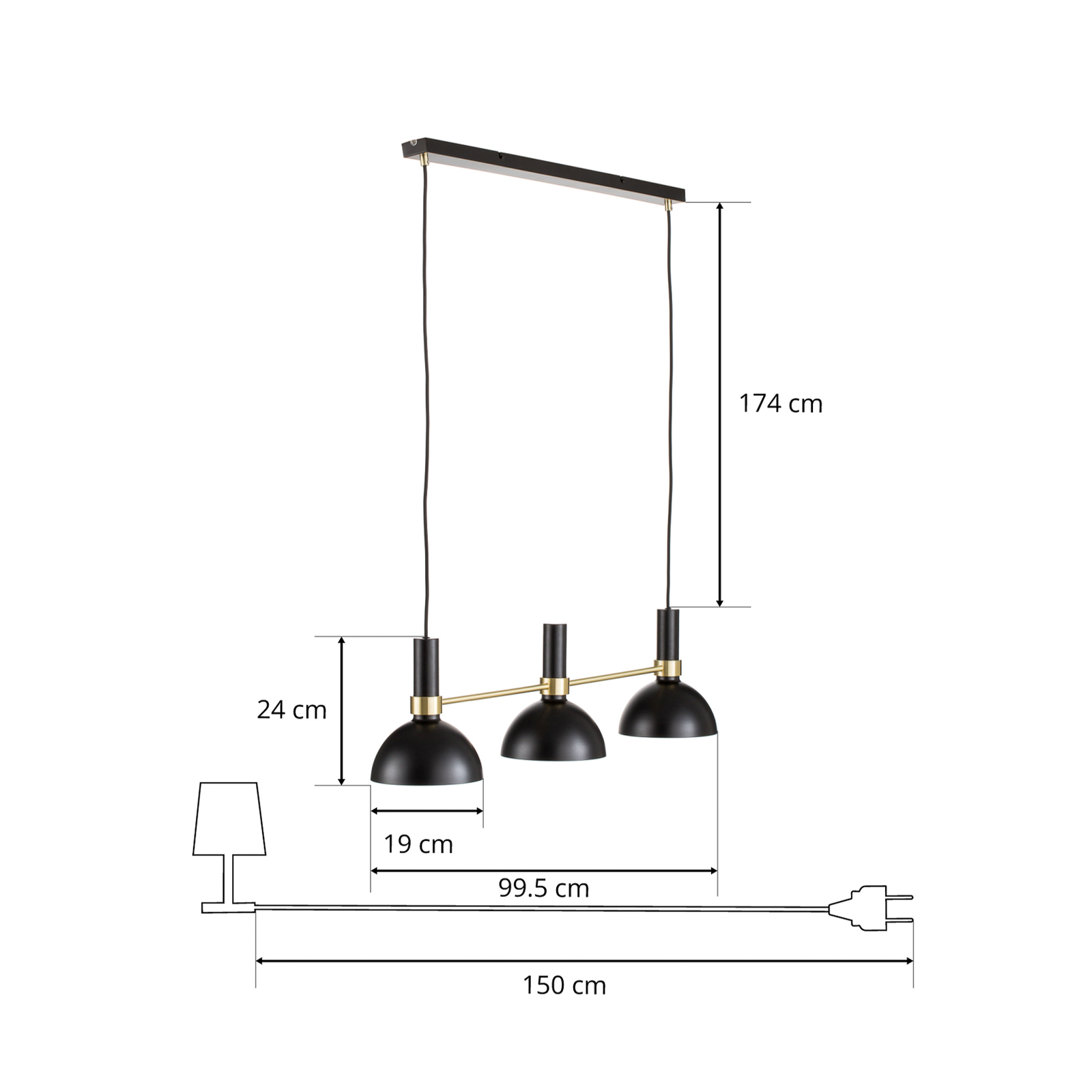 Three-bulb Larry hanging lamp in black and brass