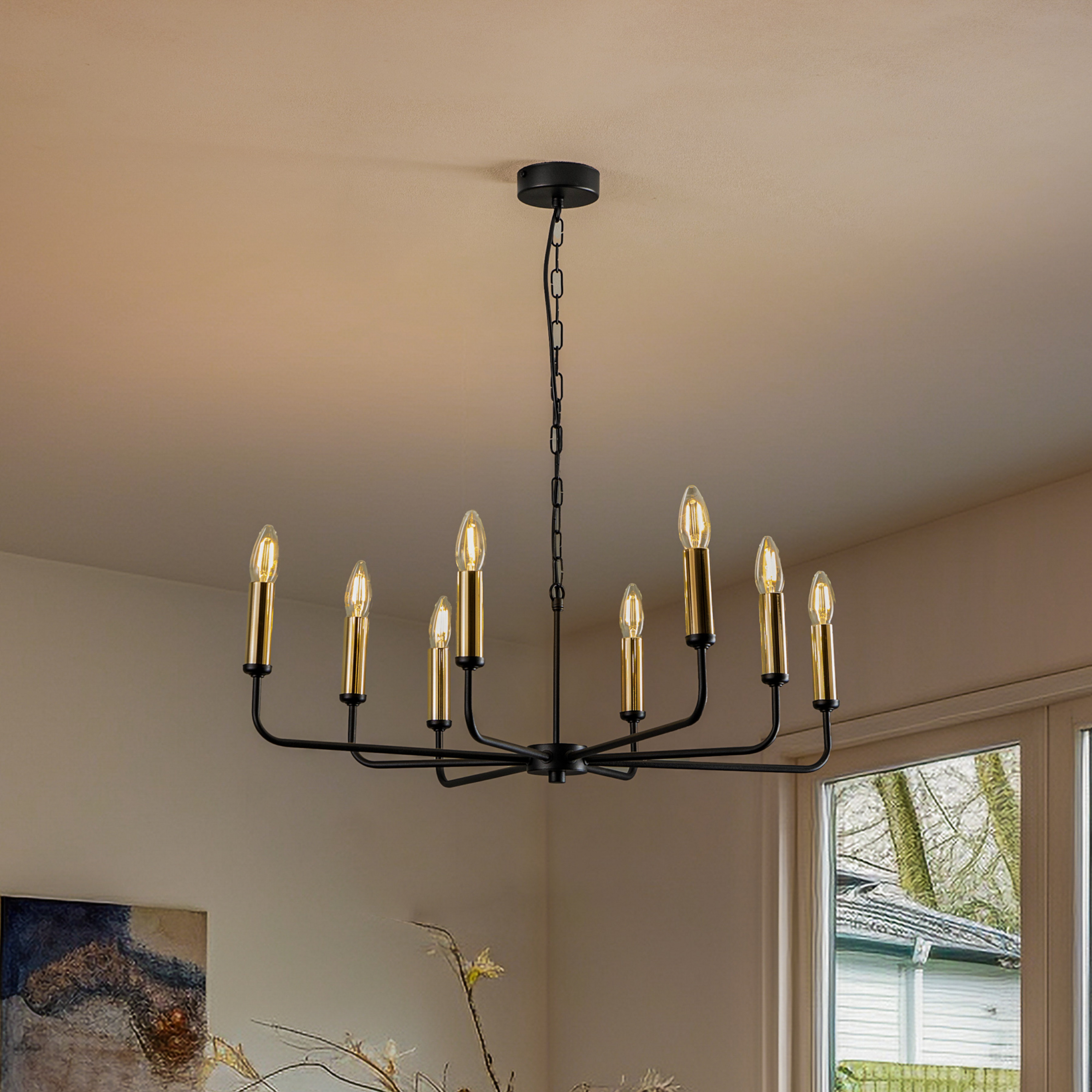 Lustre Ampli, noir/doré, à 8 lampes