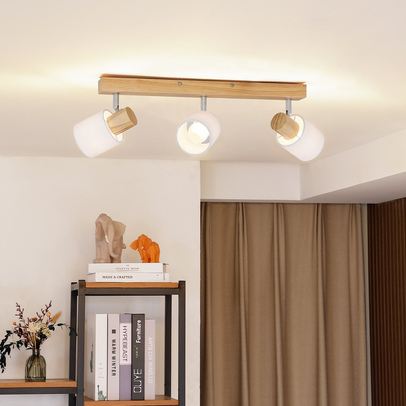 Lindby Wanessa plafondspot, 3-lamps, hout, wit, E14