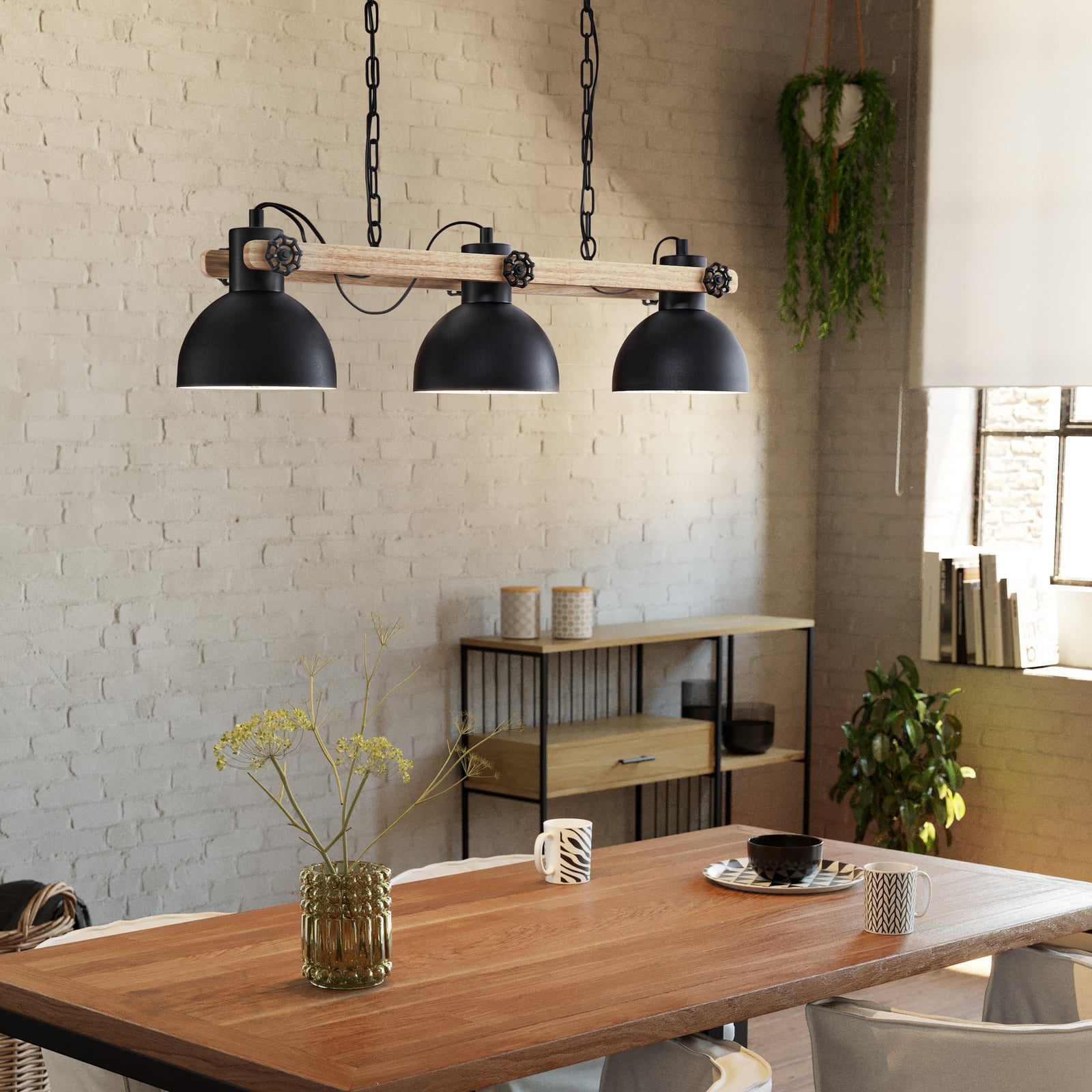 Hengelampe Lubenham, svart/lys tre, lengde 90 cm, 3 lyskilder.