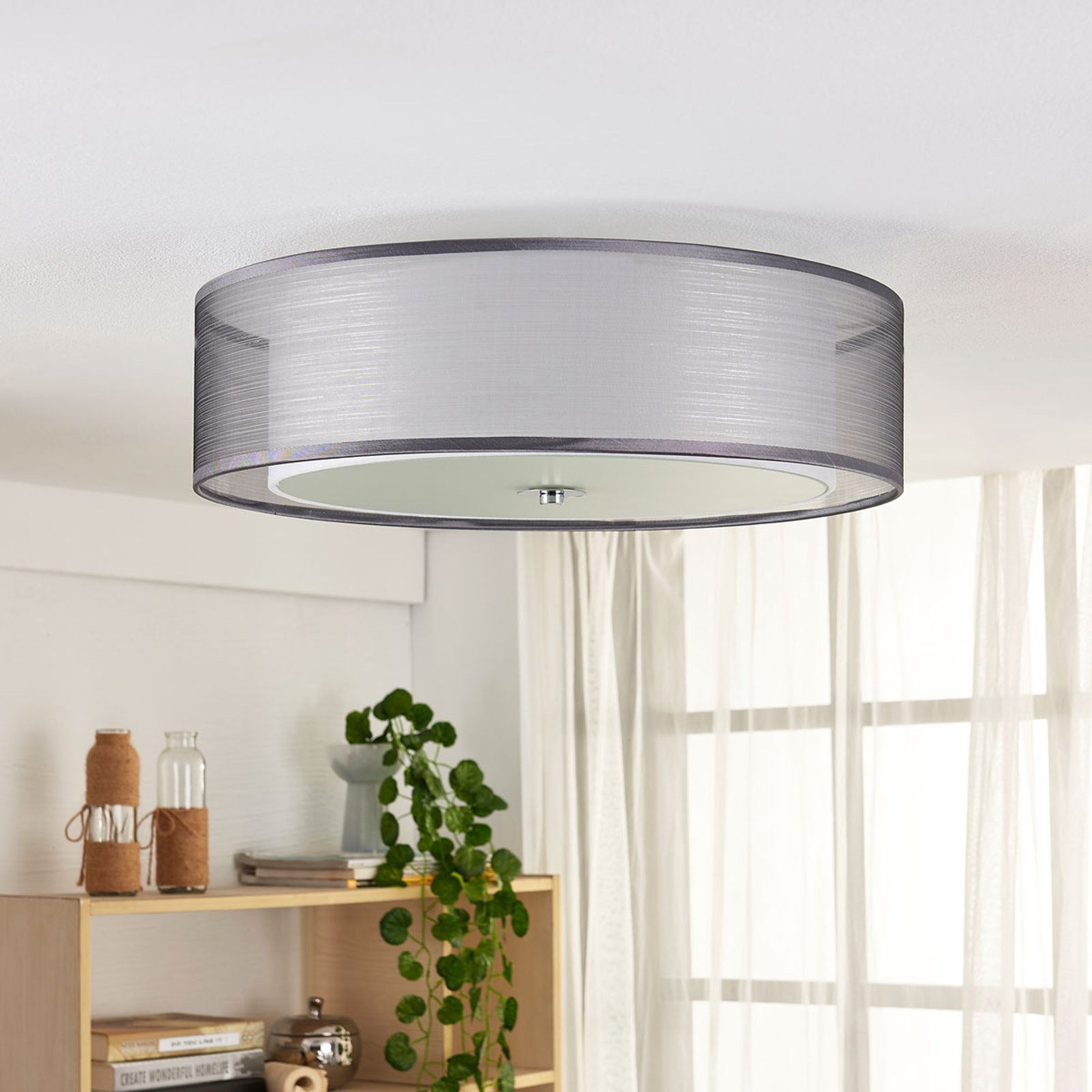 Lindby Tobia fabric ceiling lamp, organza, grey
