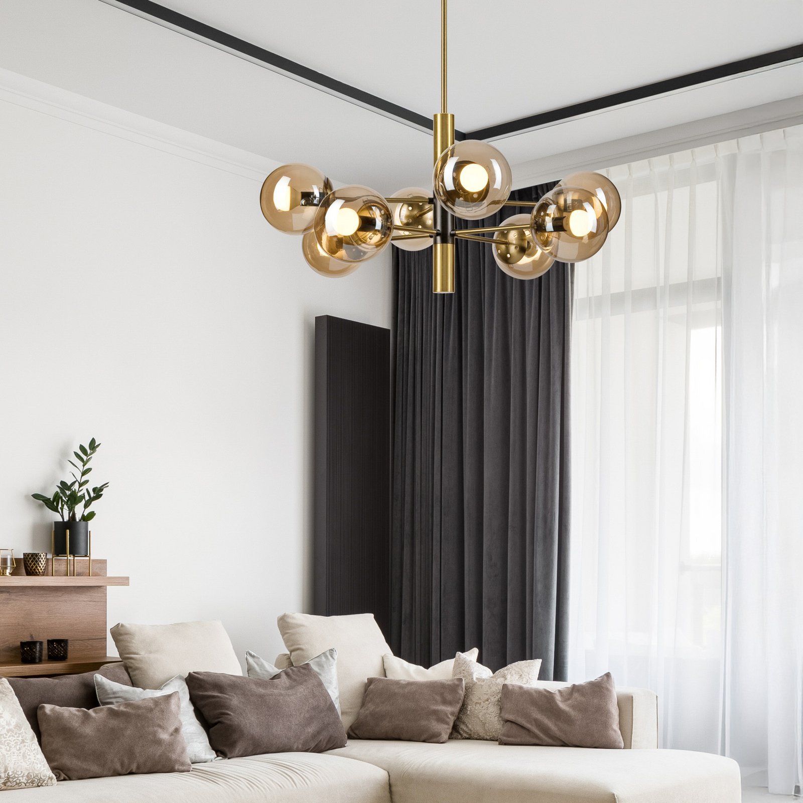 Natalia ceiling lamp, gold-coloured, Ø 68 cm, glass, 8-bulb, E14