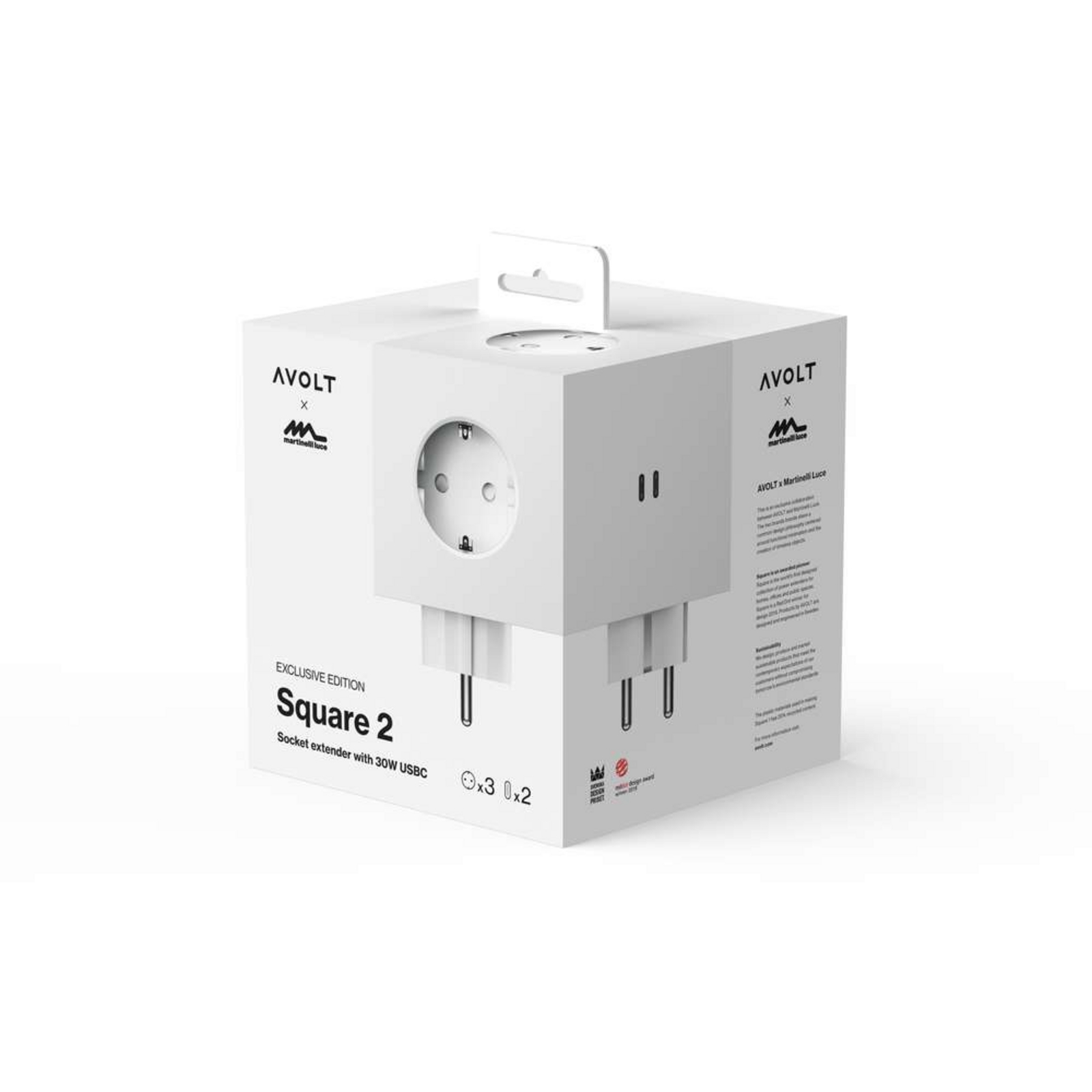 Square 2 Socket Extender w/30W Dual USB-C ML Edition Opal White - Avolt