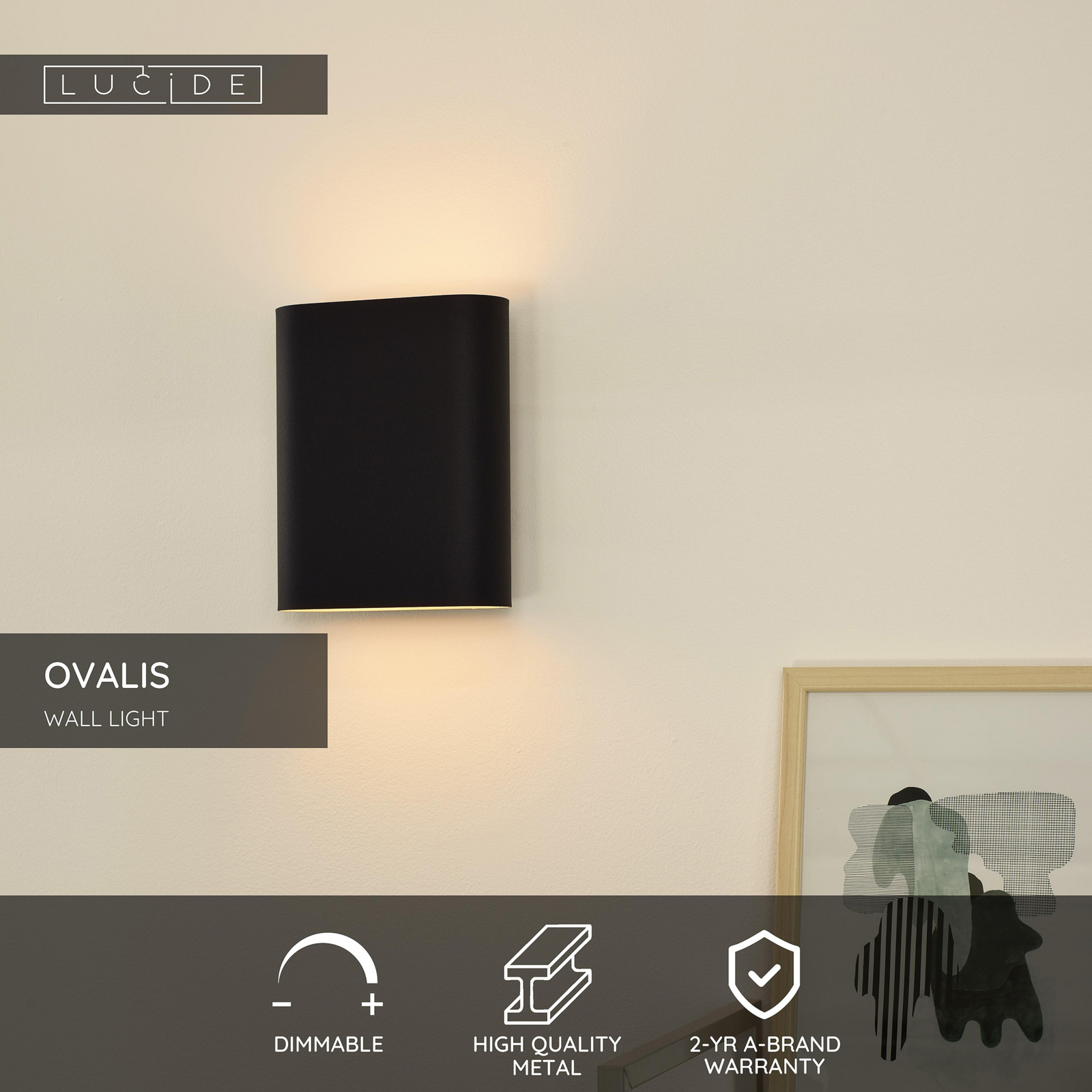 Aplique de pared OVALIS, negro, altura 20 cm, metal, luz hacia arriba/abajo, E14