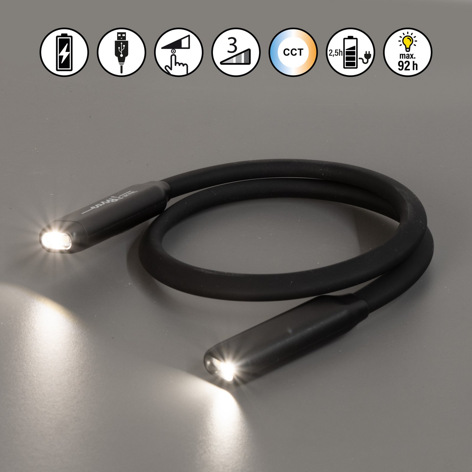 Lampe de lecture LED rechargeable Lasse, noire, longueur 70 cm, plastique