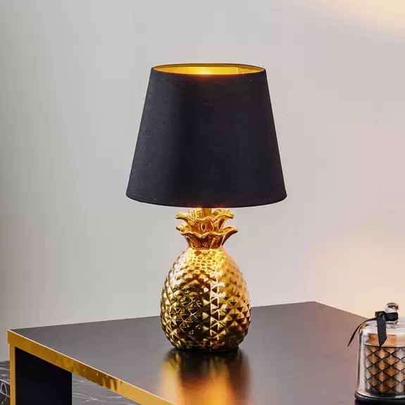 Lampenwelt Edle Keramik-Tischlampe Pineapple in Gold-Schwarz