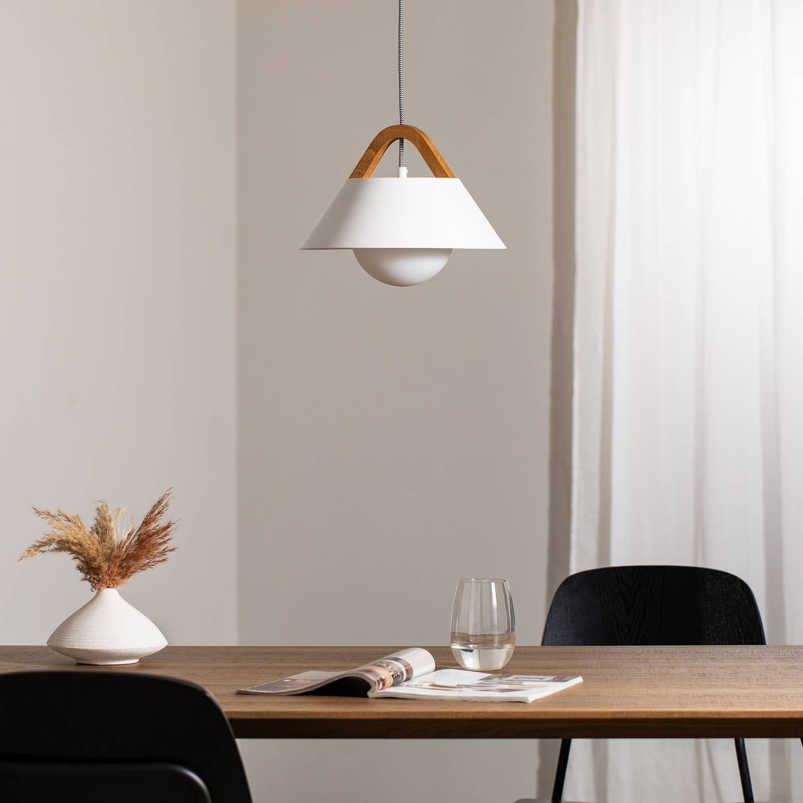 Żyrandol Funda, brązowy/biały, Ø 30 cm, stal/drewno/szkło