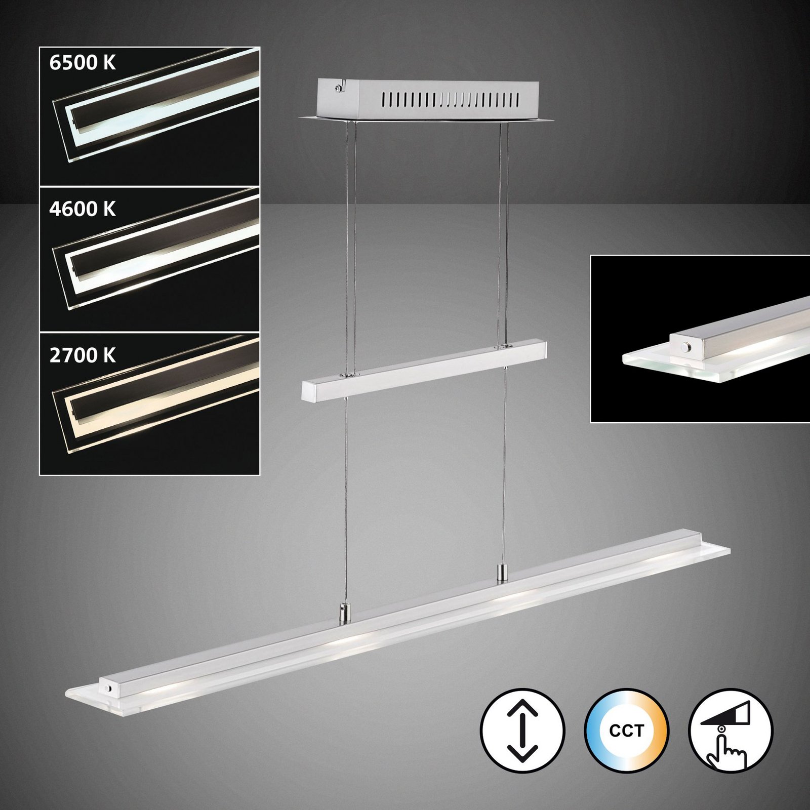 Lámpara colgante LED Tenso, níquel, 115 cm, metal, CCT, atenuador