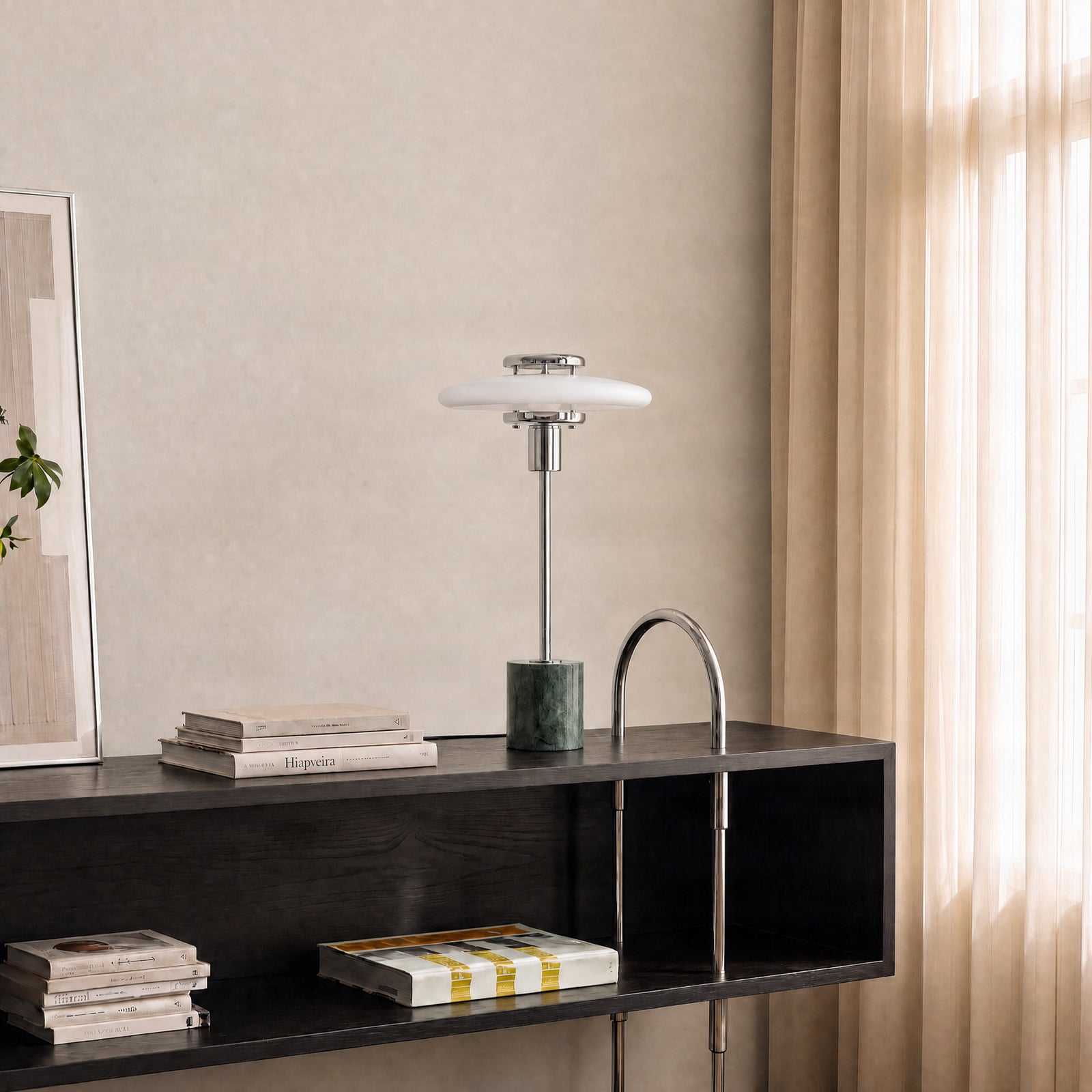 Lindby Tischlampe Branford, Retro, weiß/grün Opalglas/Marmor