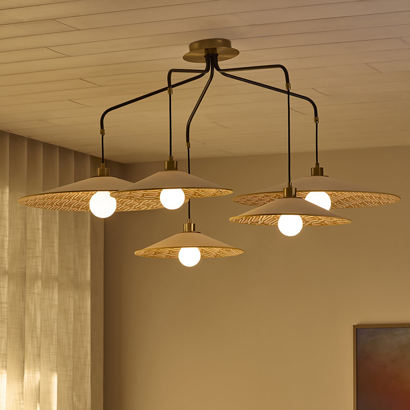 MARKET SET Lampă suspendată Gatsby myra 5 becuri E27 - Camera de zi / sufragerie - Design - crem crem-maro deschis cu model - Țesătură / Textil