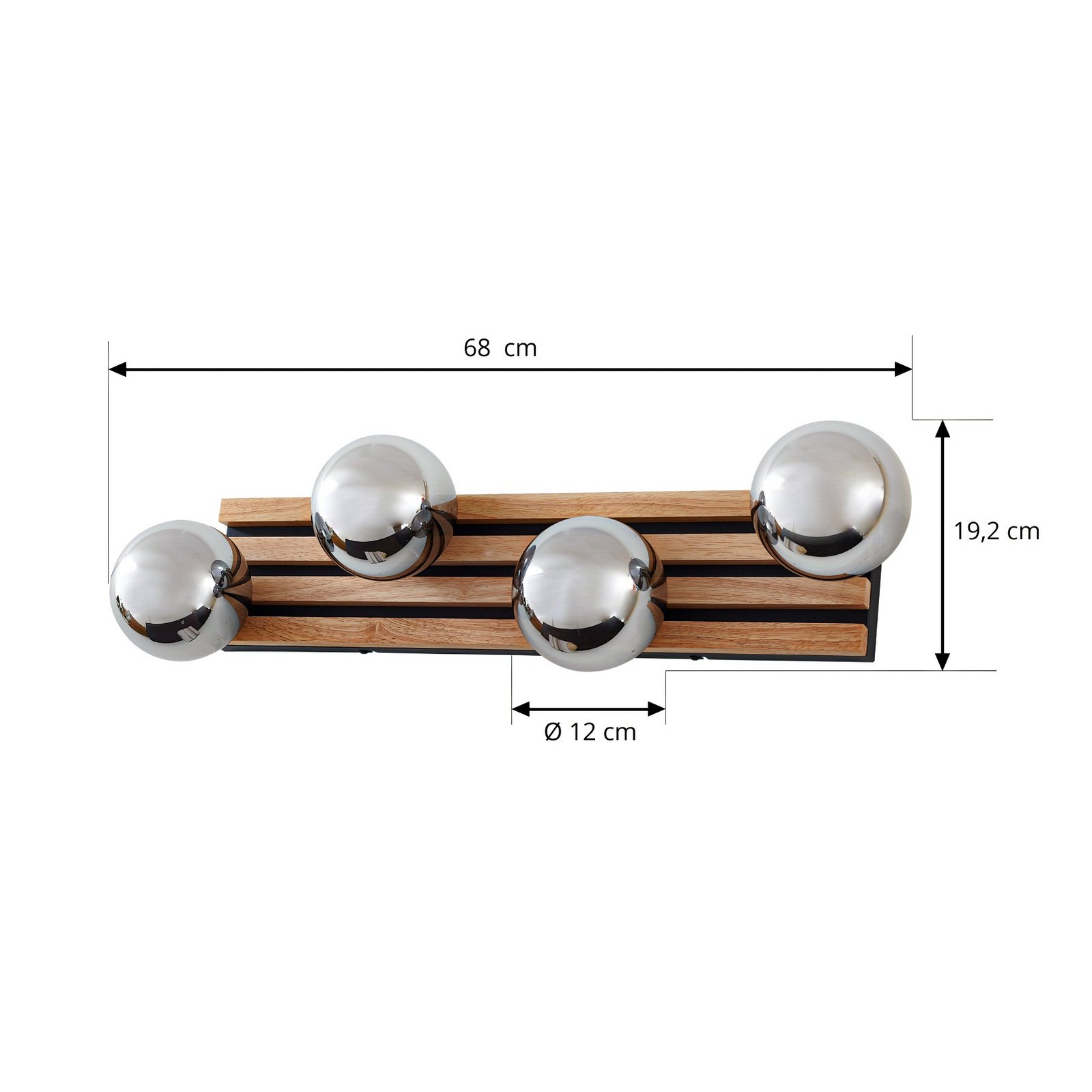 Lindby Woodora wall light, wood, glass, smoky grey, 4-bulb